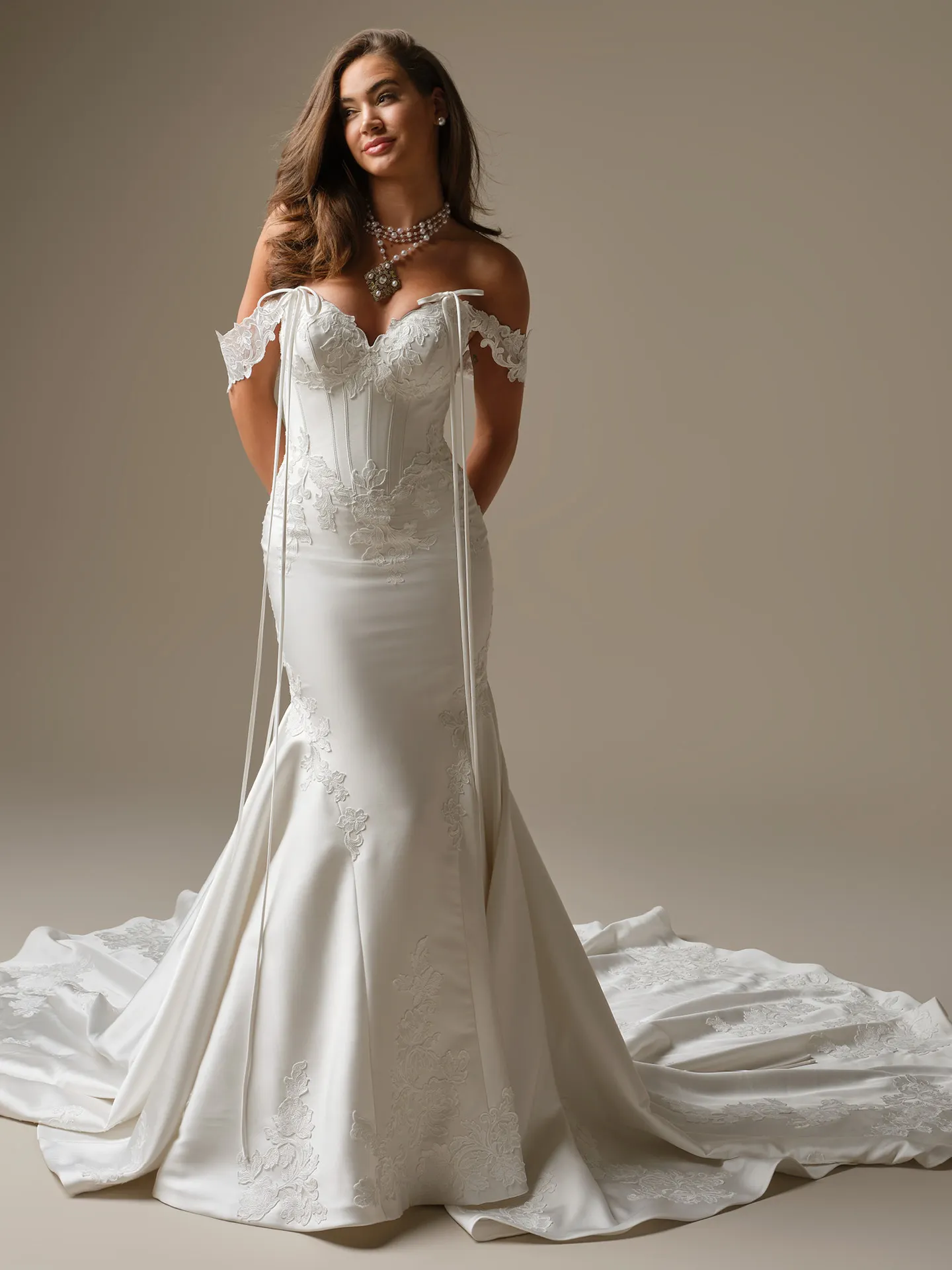 Serafina satin ball gown, front view with lace and off-shoulder sleeves.