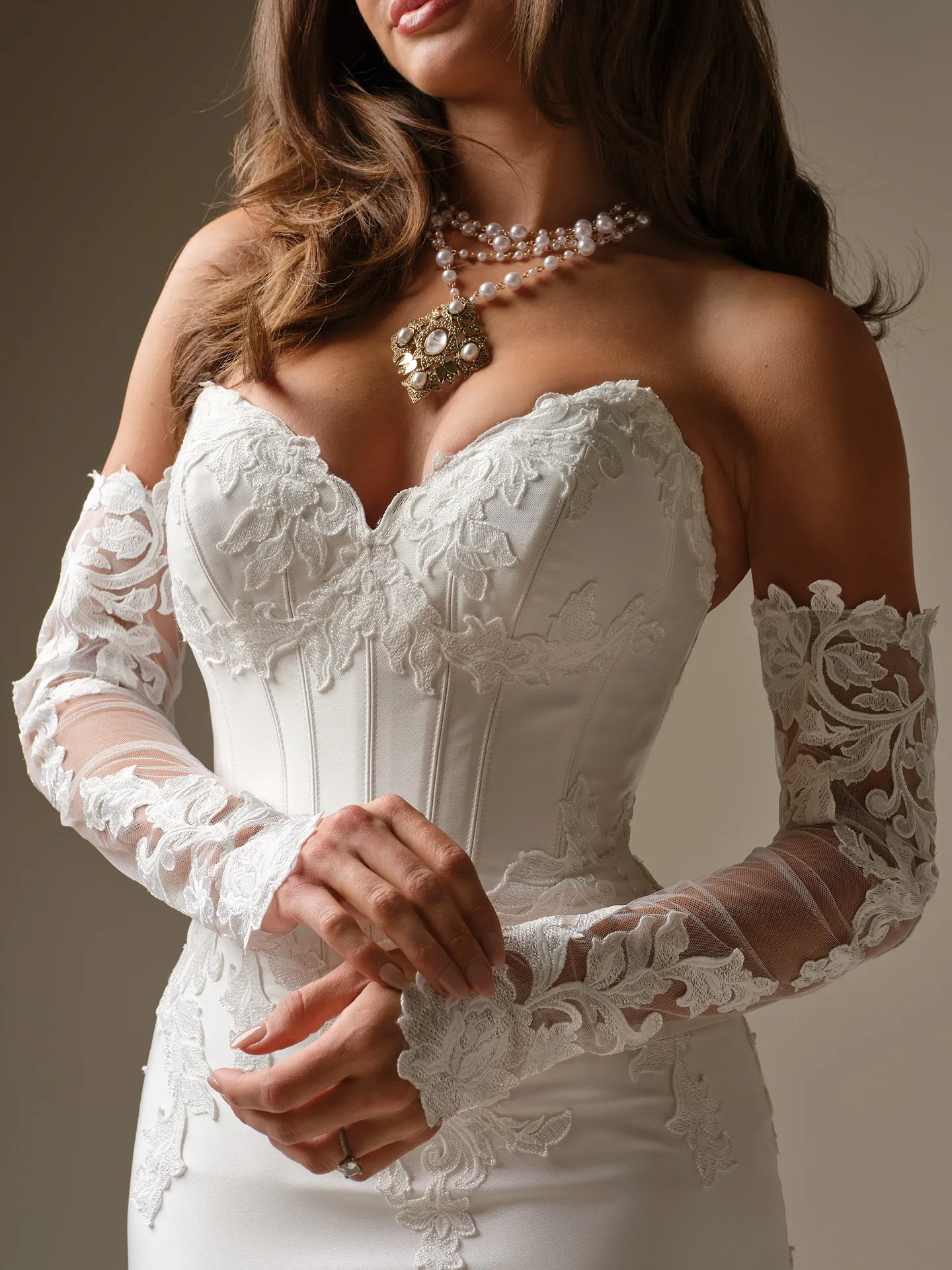 Serafina, front view: lace bodice, satin ball gown, basque waist, detailed sleeves.