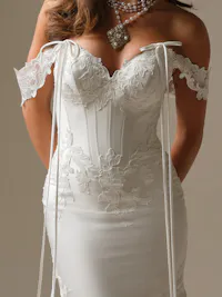 Serafina Lane detachable off-the-shoulder illusion lace cap-sleeves with Cartago satin tie closures