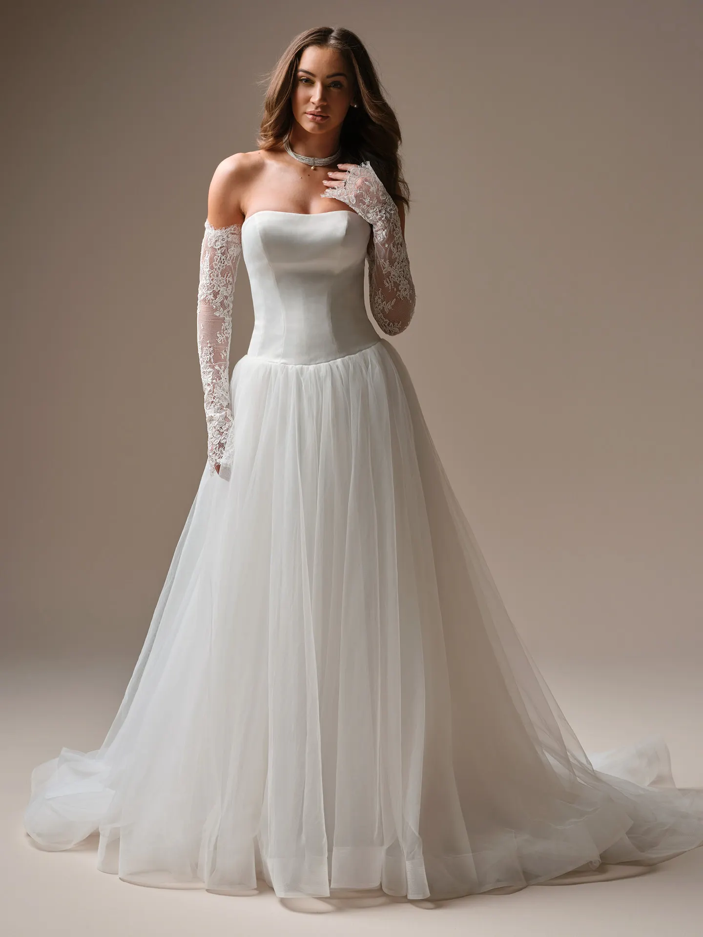Shirley tulle A-line wedding dress, front view Maggie Sottero.