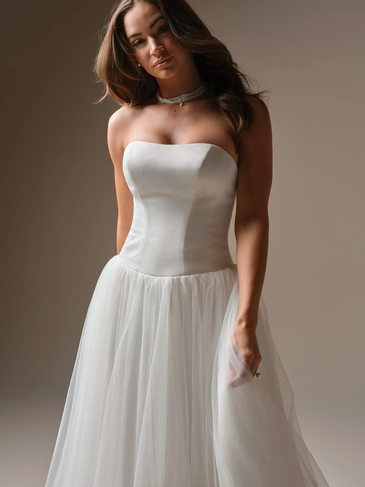 Maggie Sottero Shirley, front view Tulle A-Line Basque Waist Wedding Dress.