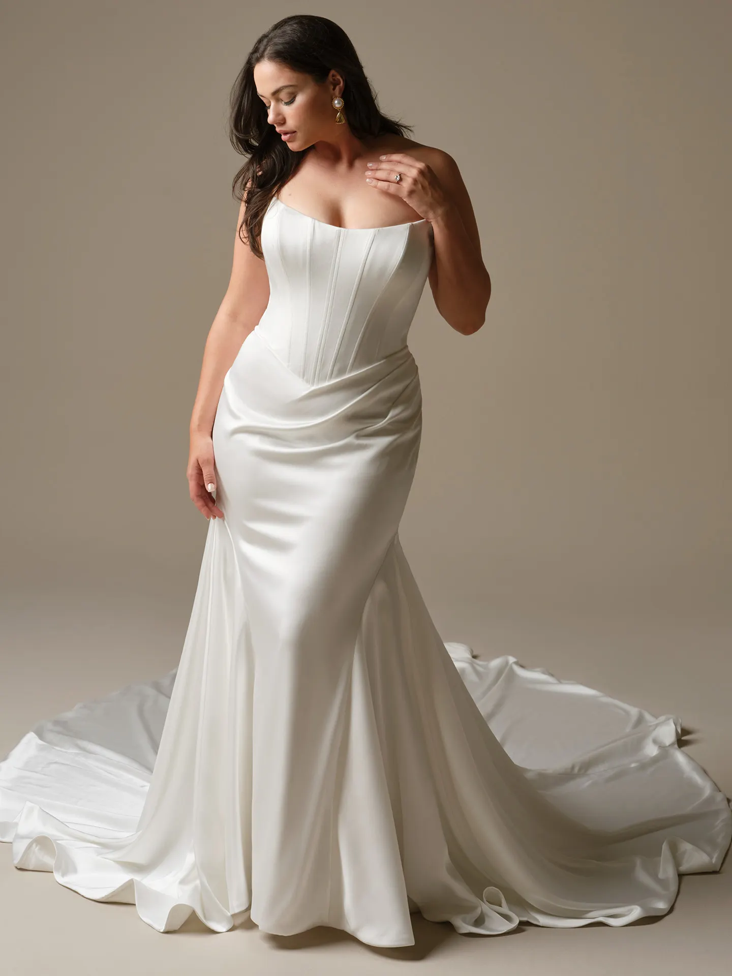 Maggie Sottero Sinclaire, front view satin sheath wedding dress.