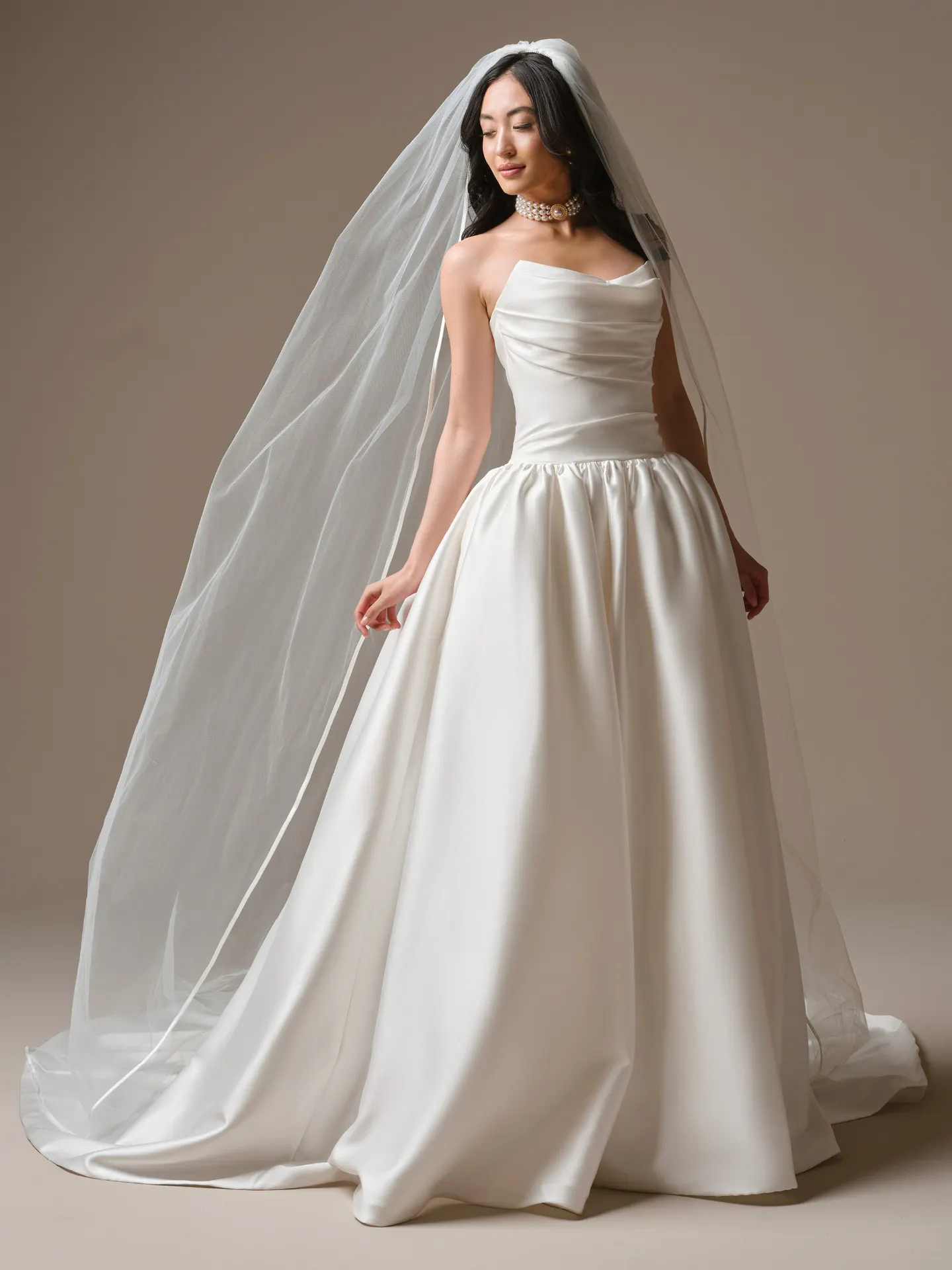 Maggie Sottero Sylvana, front view satin A-Line wedding dress.