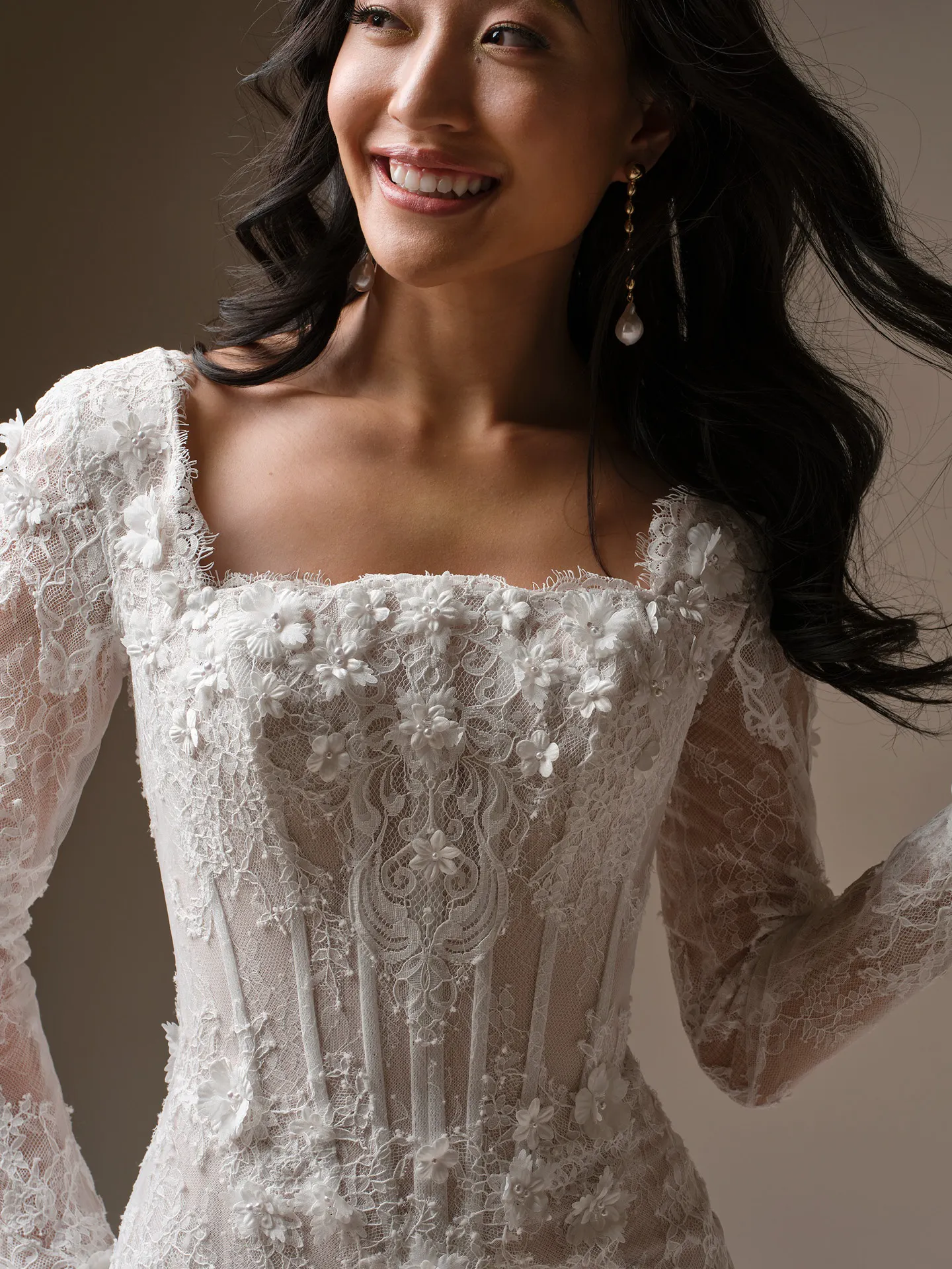 Maggie Sottero Takera 3-D floral lace, long sleeves,, front view, Maggie Sottero mermaid wedding dress.