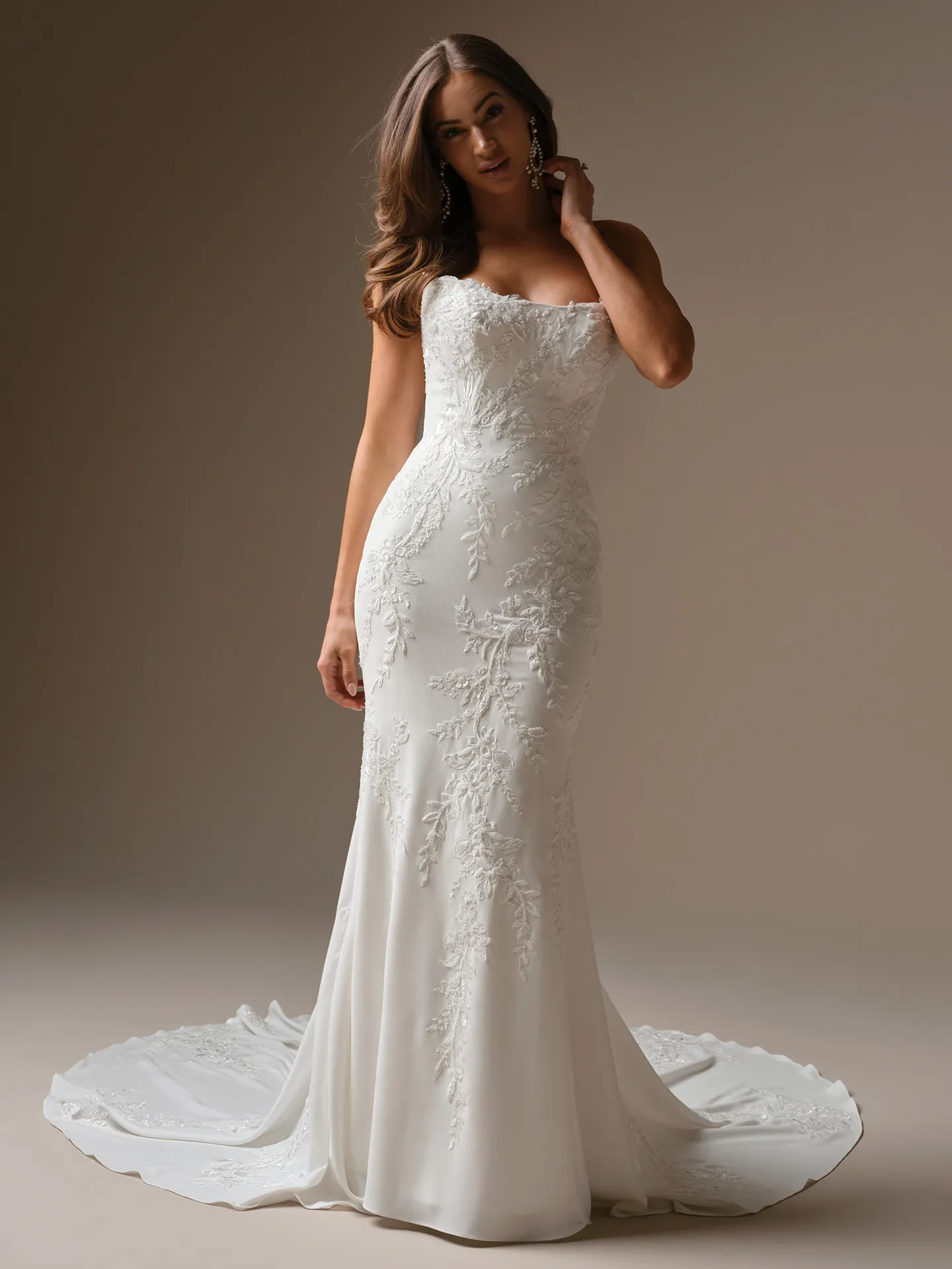 Maggie Sottero Thera, front view fit-and-flare sequin lace wedding dress.