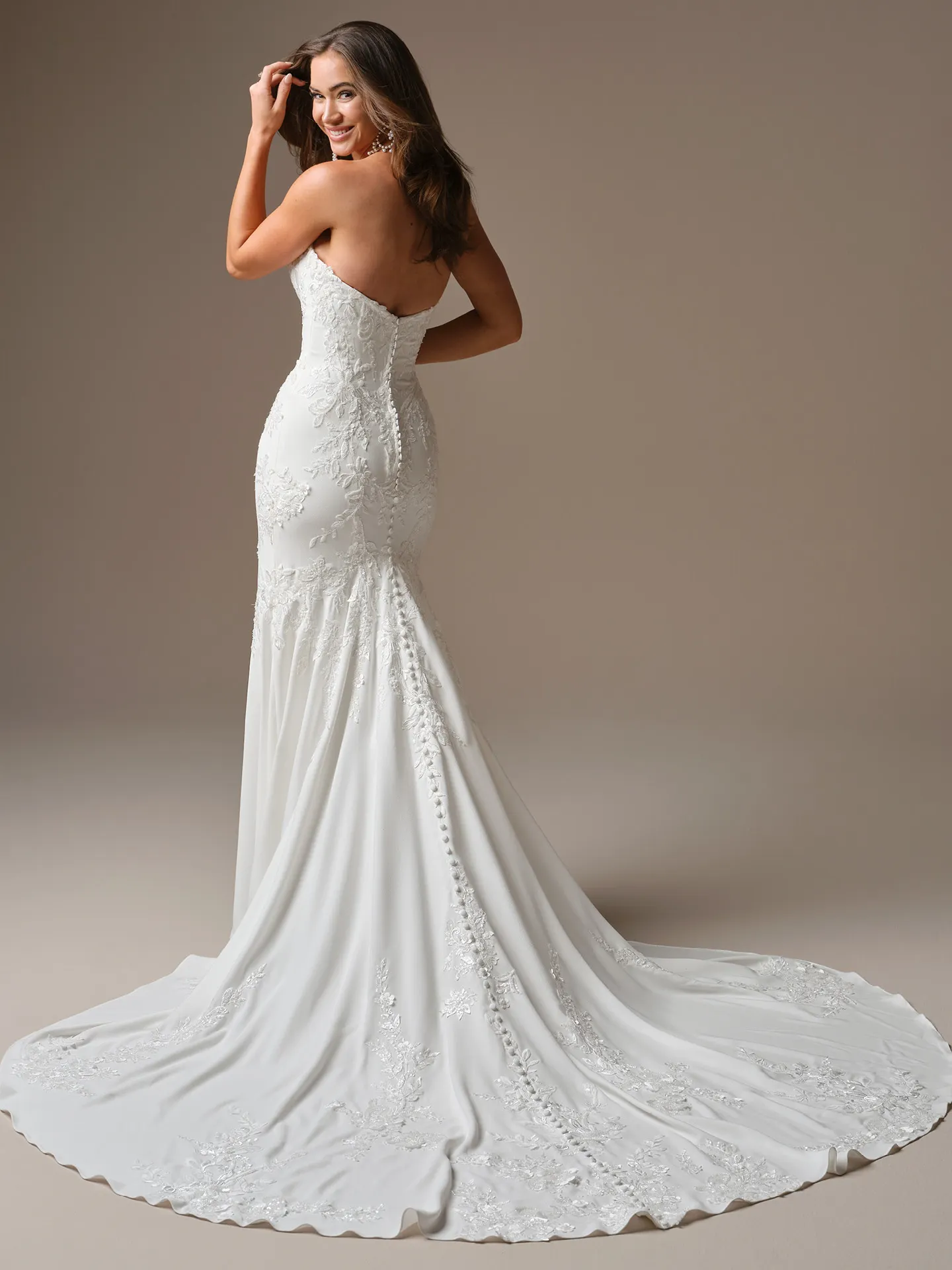Maggie Sottero Thera sequin lace fit-and-flare dress, back view.