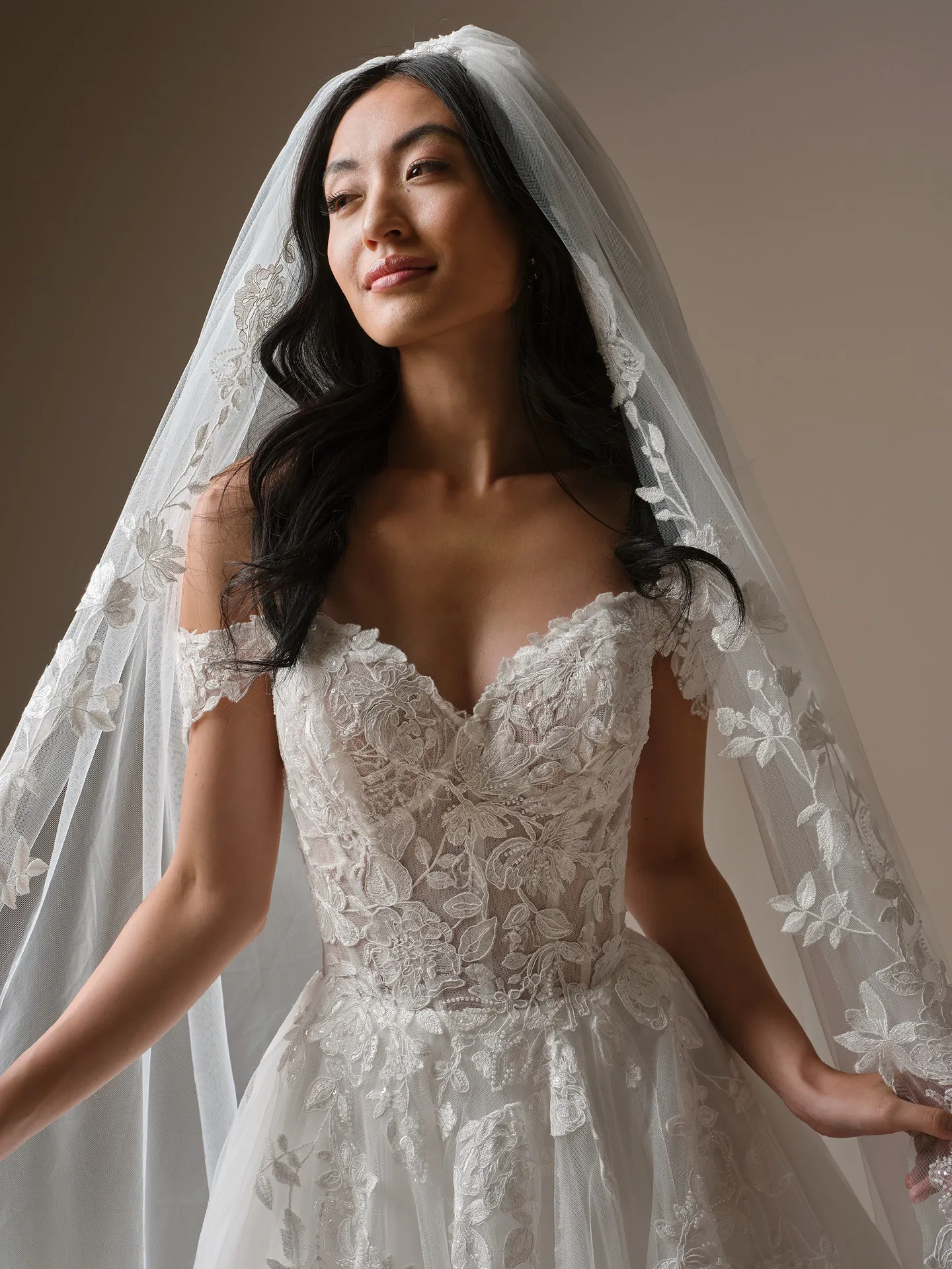 Maggie Sottero Verina, front view lace A-line wedding dress with veil.