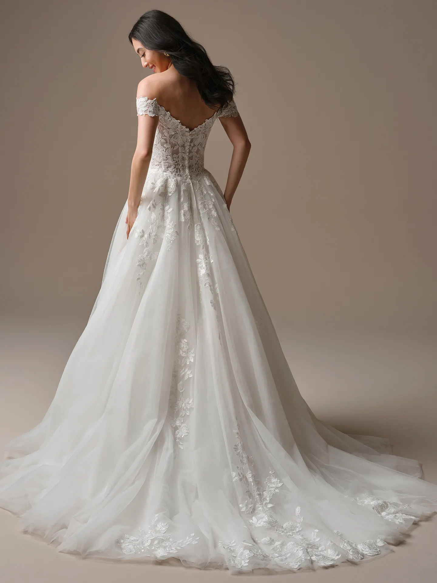 Maggie Sottero Verina off-shoulder lace A-Line, back view Maggie Sottero.