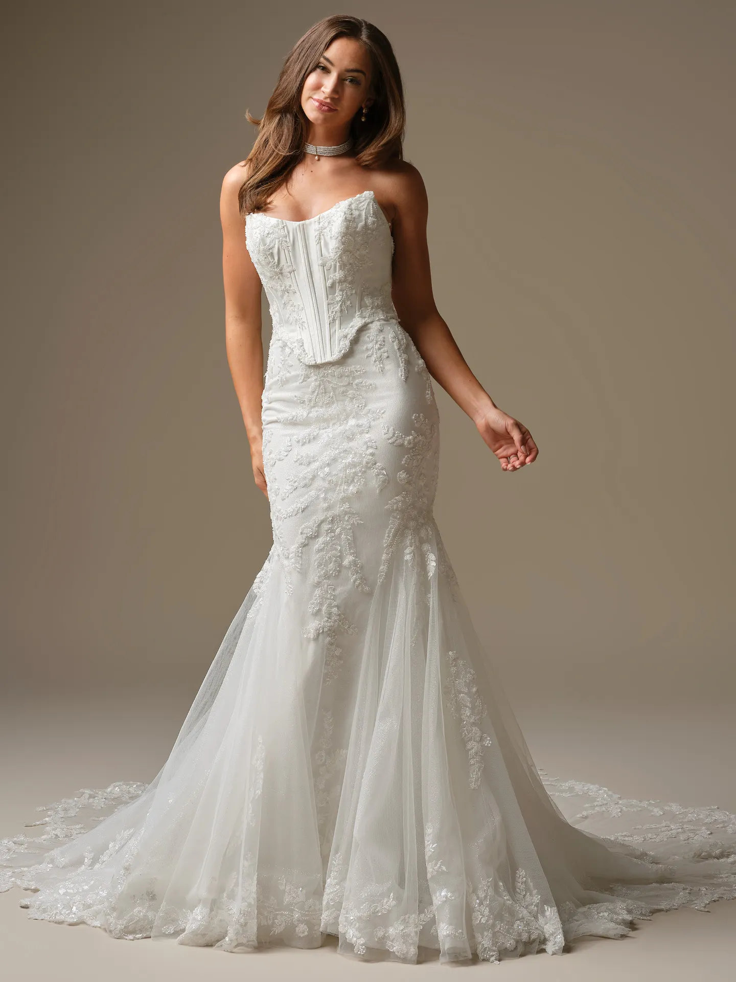 Maggie Sottero Wyntelle, front view fit-and-flare lace wedding dress.