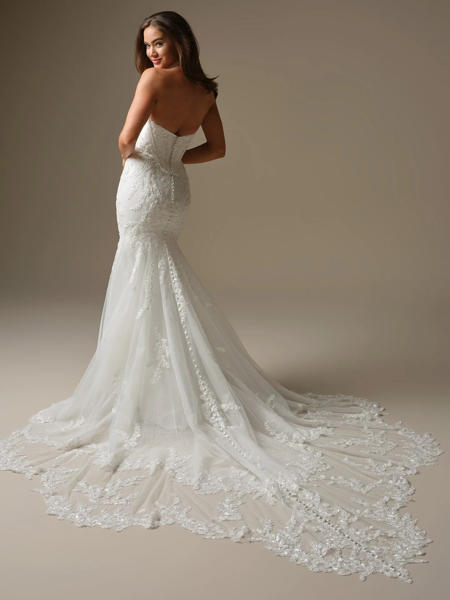 Maggie Sottero Wyntelle wedding dress back view with lace and glitter detail.