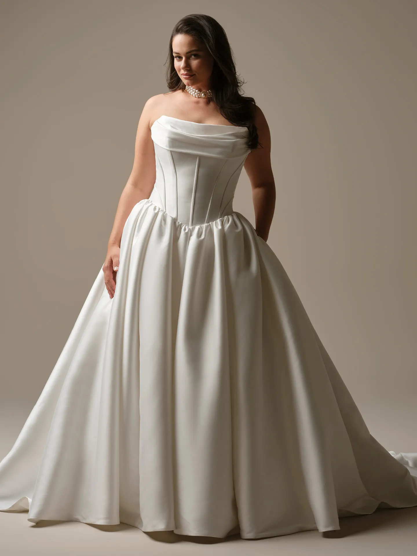 Maggie Sottero Yuma, front view, cowl neck, ballgown dress.