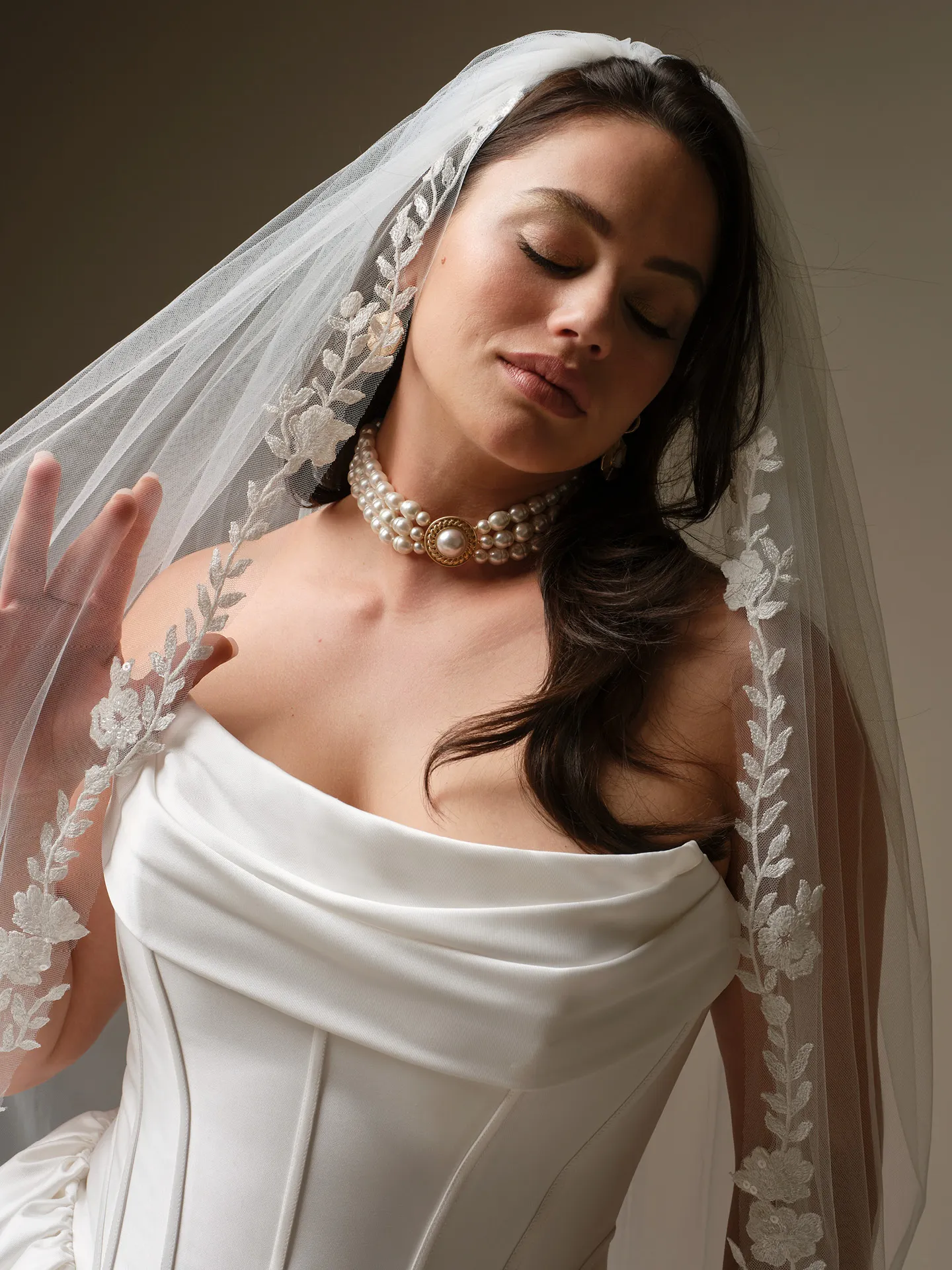 Maggie Sottero Yuma ballgown with cowl neck by Maggie Sottero,, front view with embroidered veil.