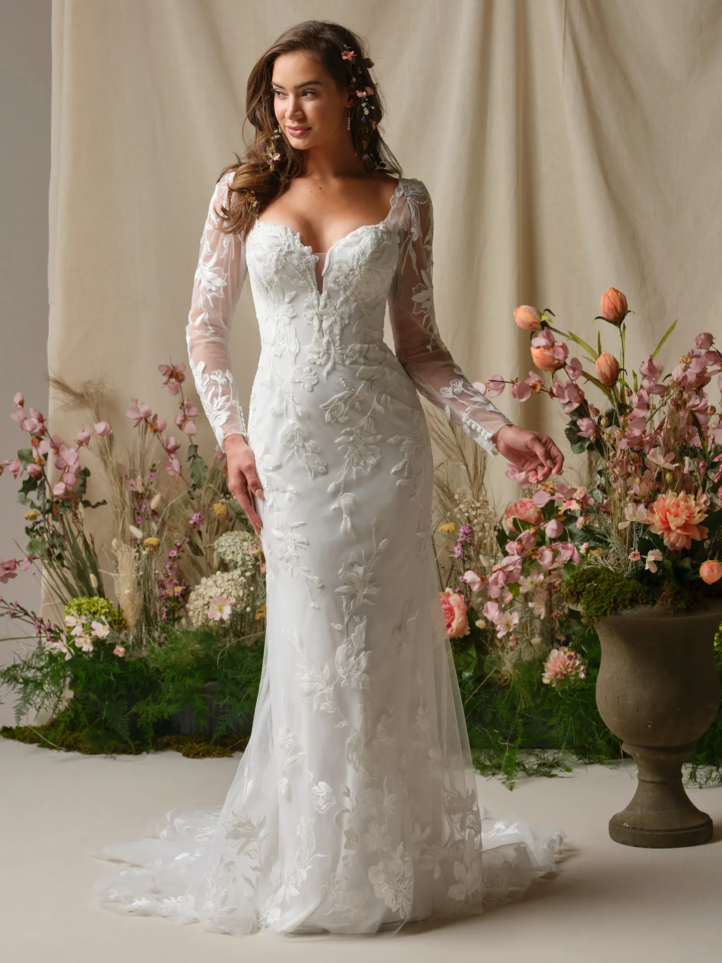 Rebecca Ingram Aubra fit-and-flare lace wedding dress, front view.