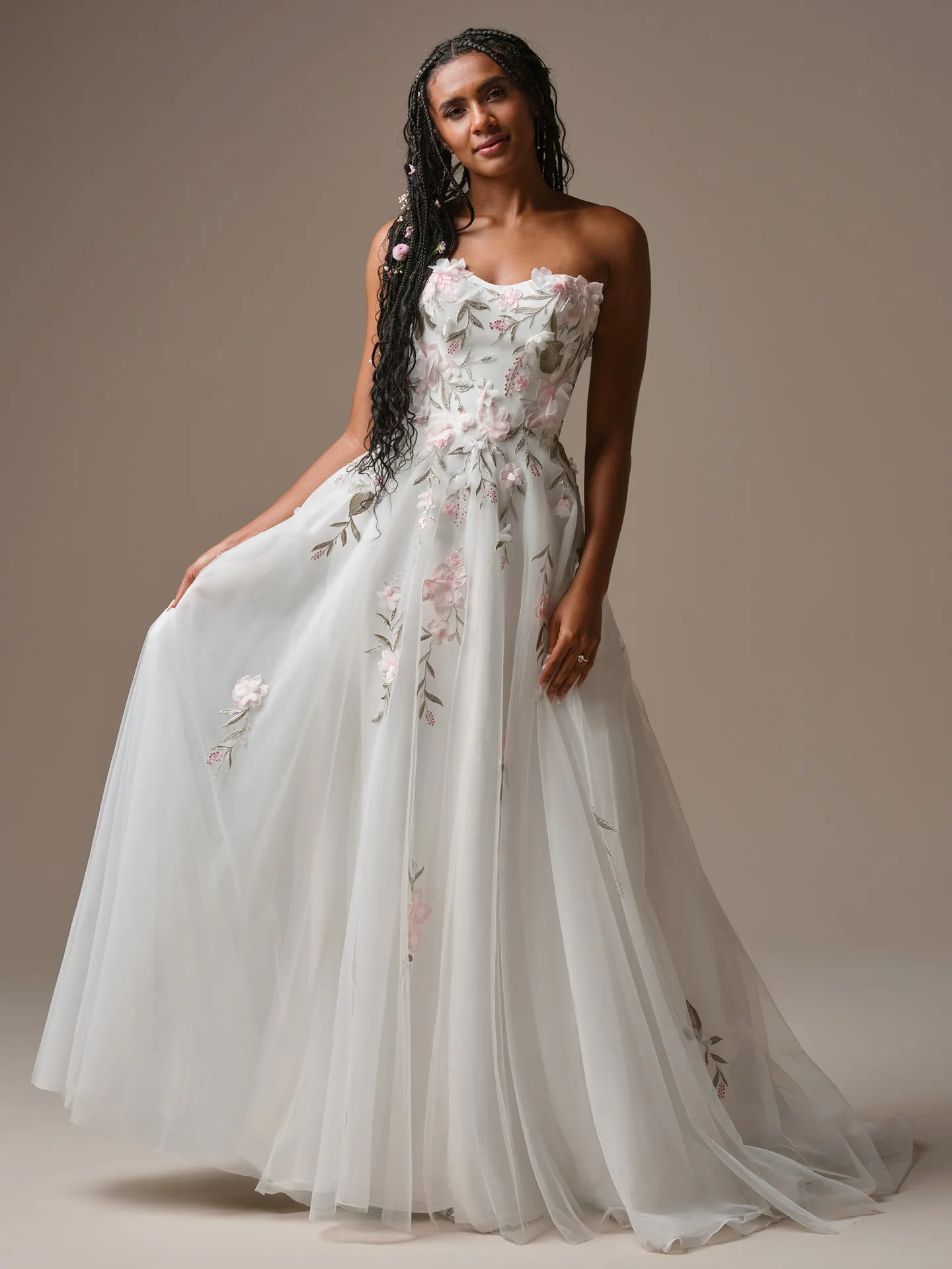 Rebecca Ingram Blossom A-Line dress,, front view with 3-D floral lace.