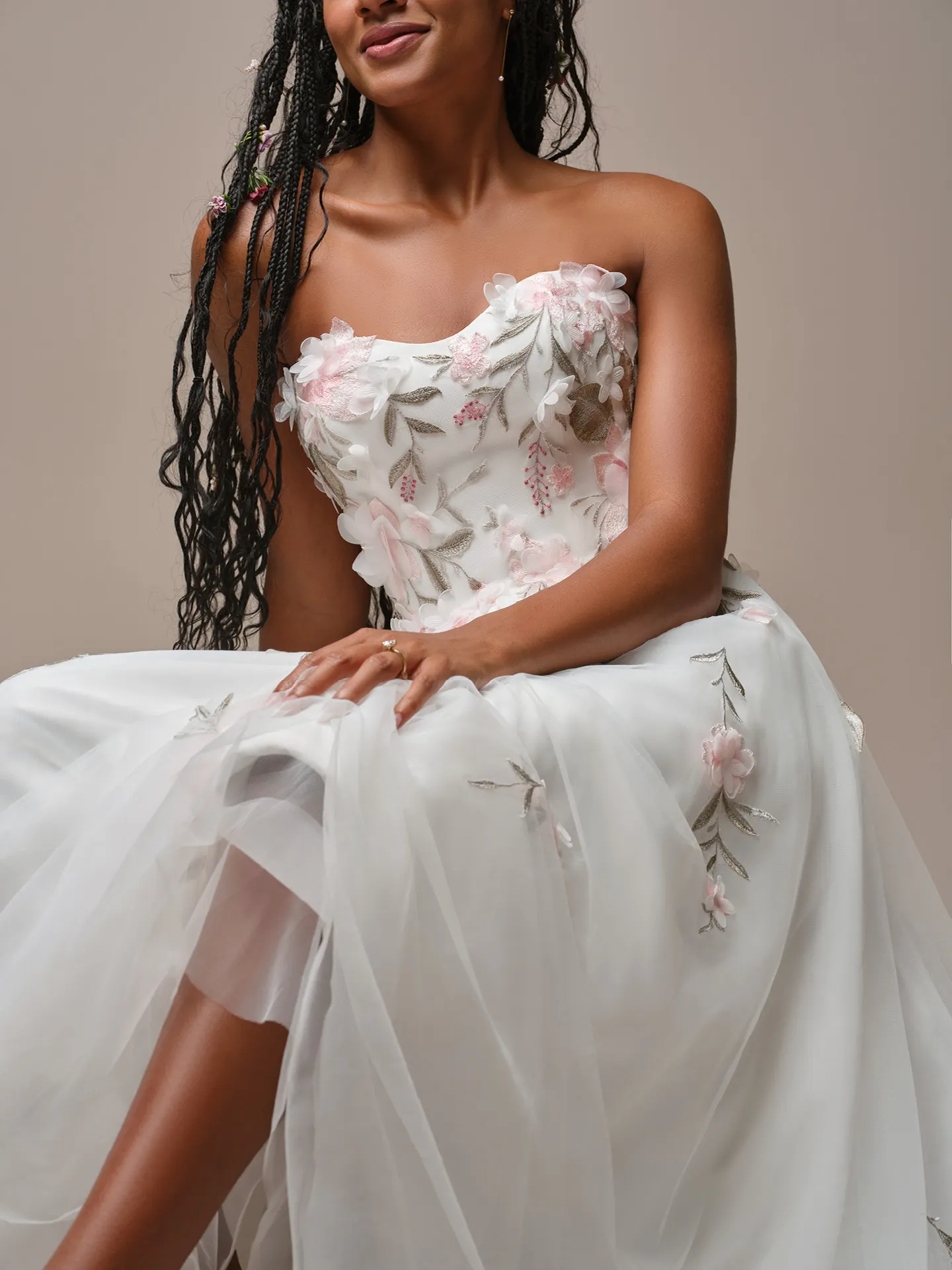 Rebecca Ingram Blossom, front view, strapless floral lace A-line wedding dress.