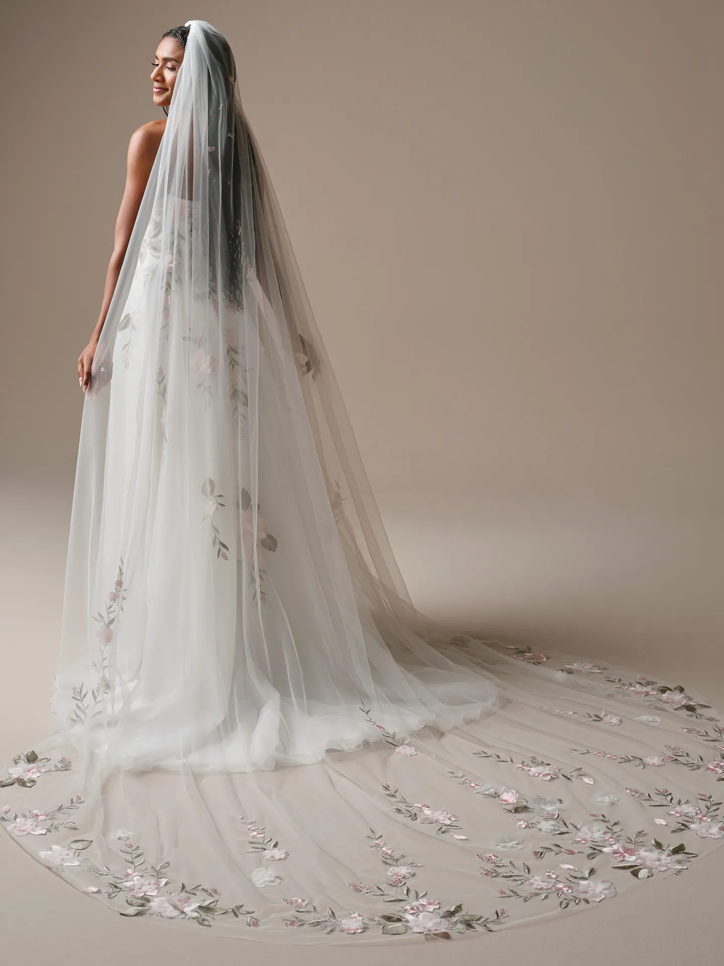 Rebecca Ingram Blossom veil, back view with lace motifs, floral embroidery on tulle.