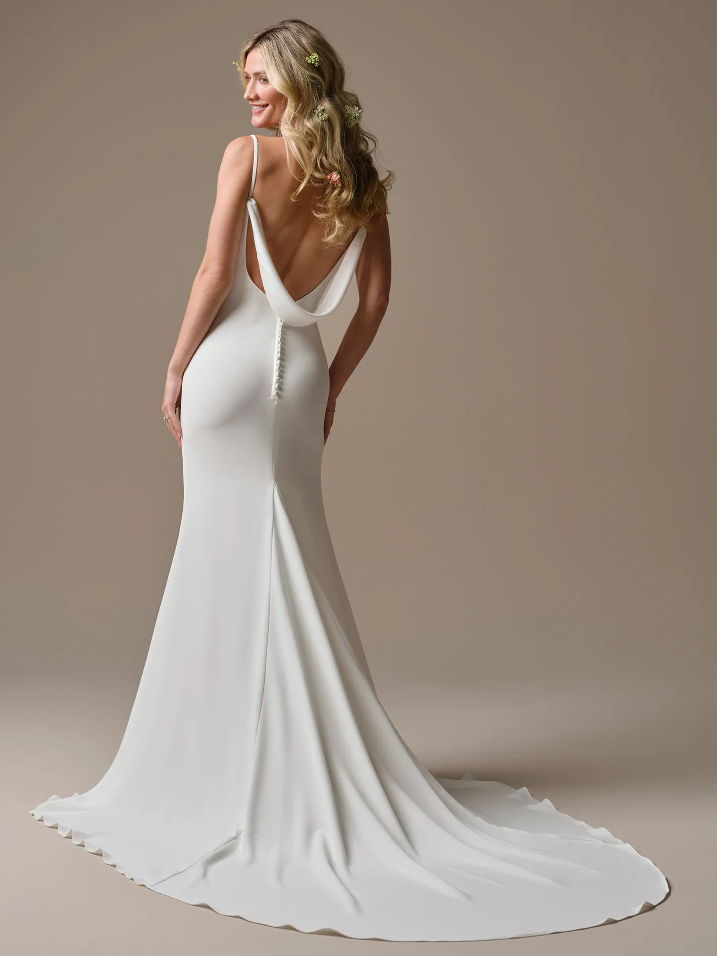 Rebecca Ingram Brenda, back view; cowl neckline sheath wedding dress.