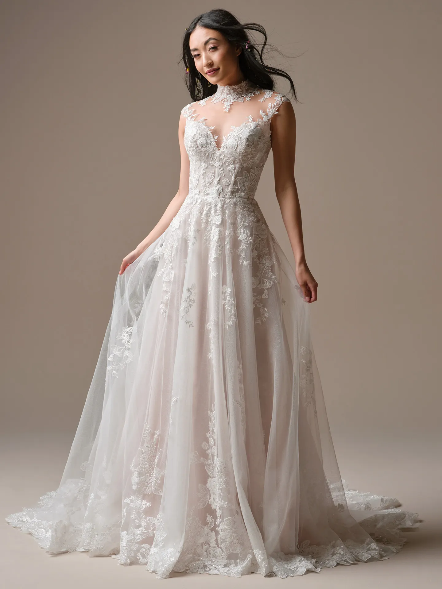 Rebecca Ingram Cody, front view lace A-line wedding dress.