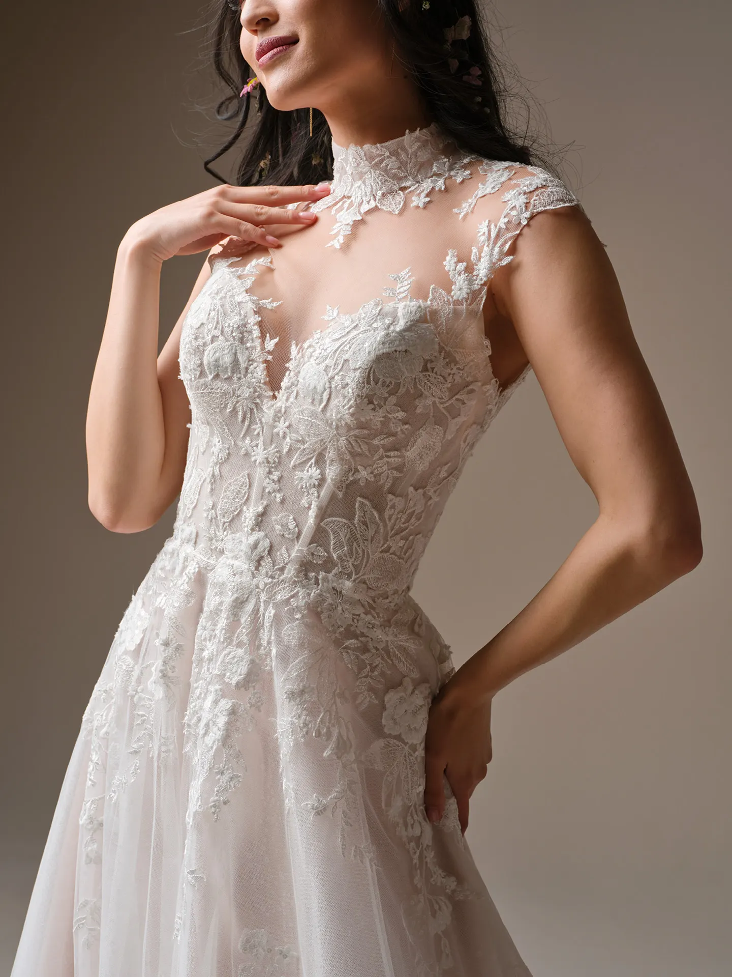 Rebecca Ingram Cody, side view, lace bodice with illusion neckline, A-line wedding dress.