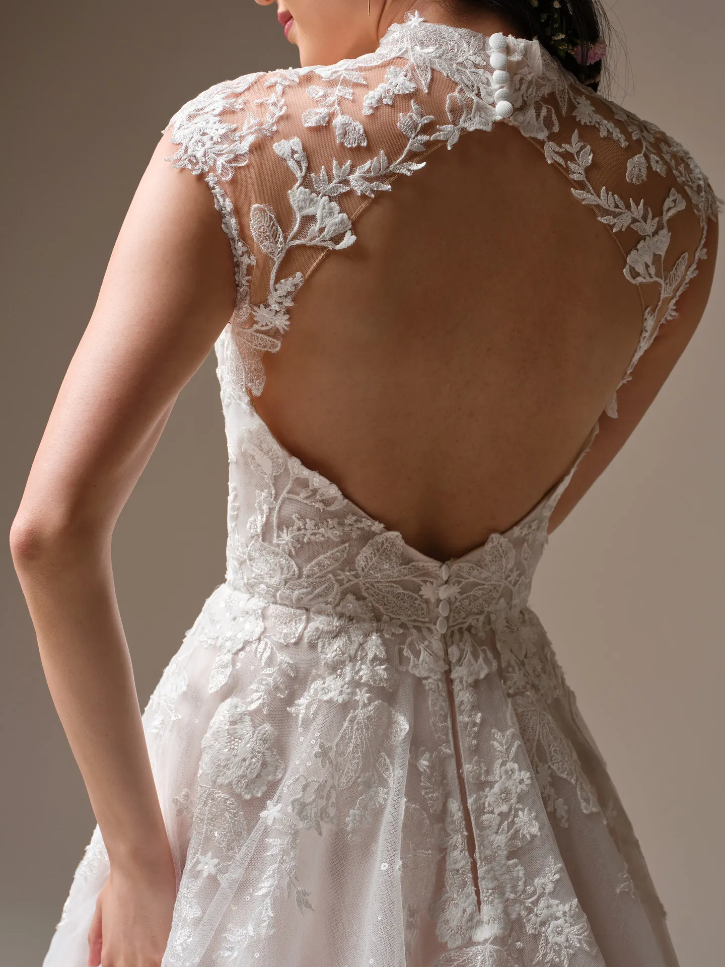 Rebecca Ingram Cody, back view lace A-Line wedding dress.