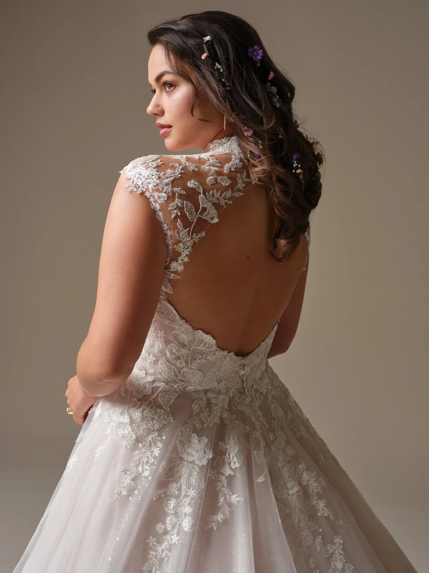 Rebecca Ingram Cody, back view illusion lace sequin dress.