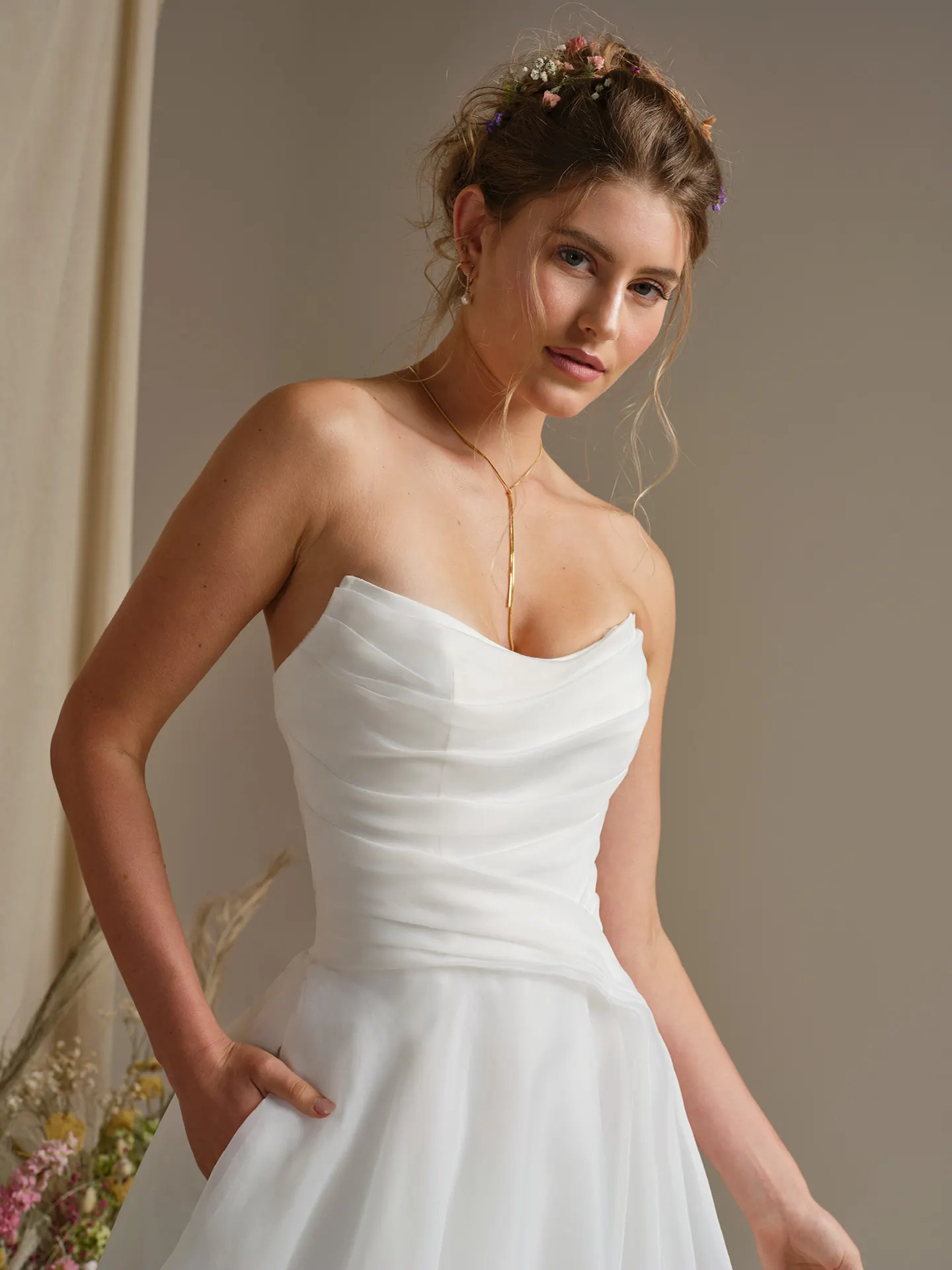 Rebecca Ingram Dezi, front view, cat eye neckline, pleated organza ballgown wedding dress.