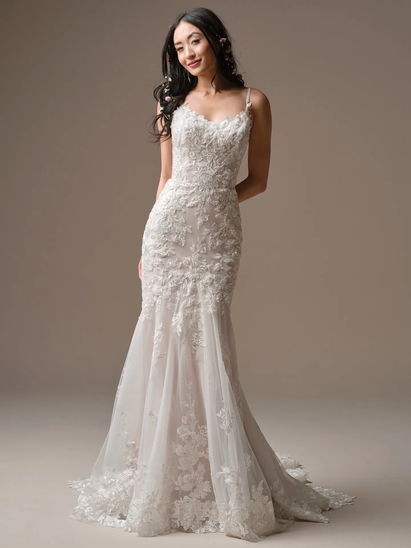 Rebecca Ingram Eden lace fit-and-flare wedding dress, front view.