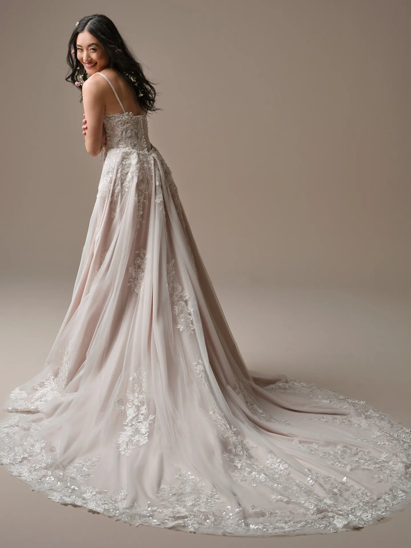 Rebecca Ingram Eden back view beaded lace train with sparkle tulle