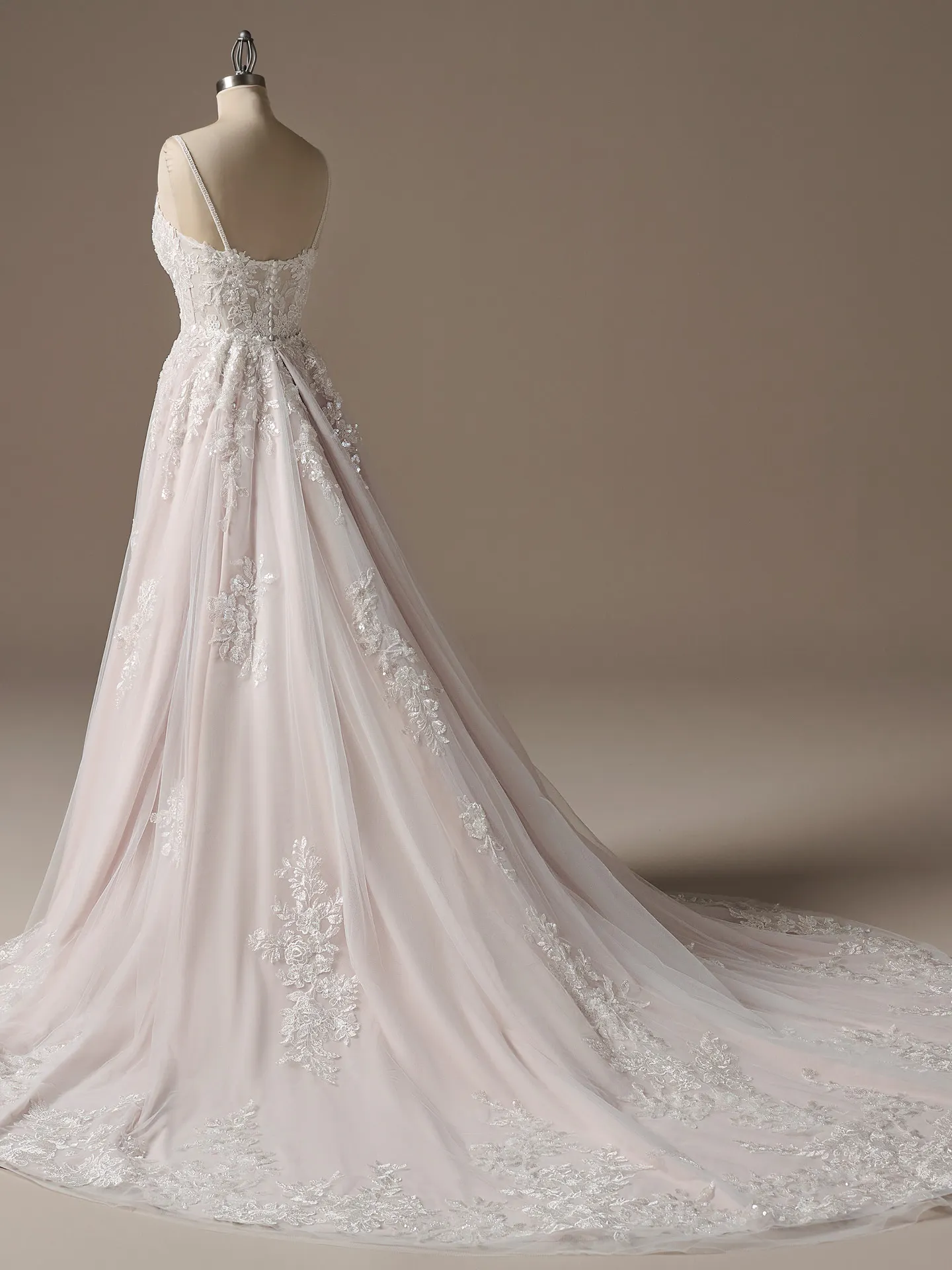 Rebecca Ingram Eden dress, back view, beaded lace train, plain tulle skirt