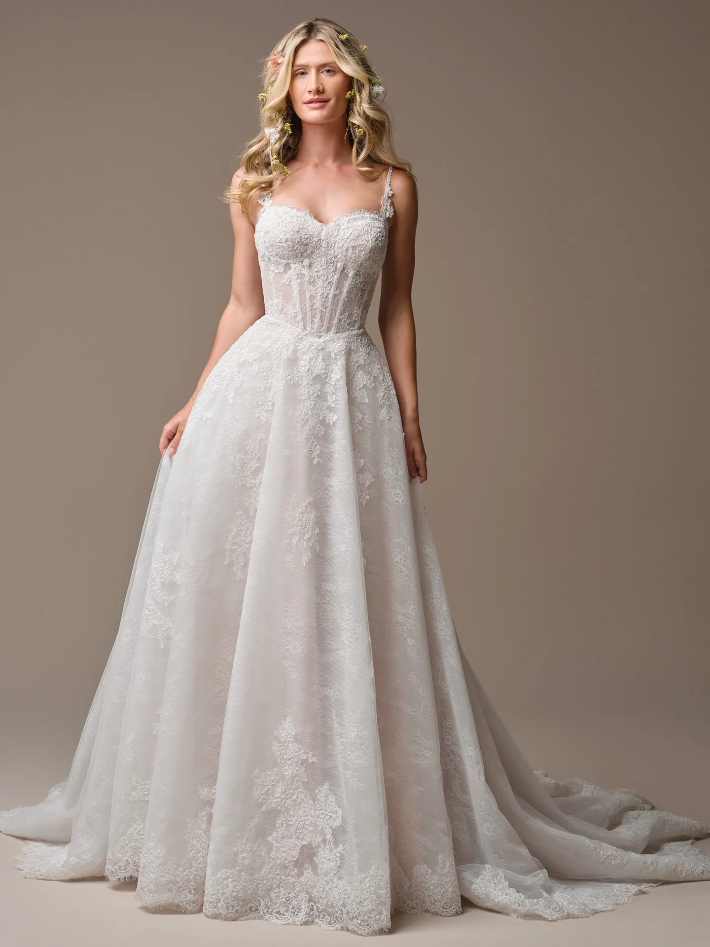 Rebecca Ingram Esmeralda A-Line front view, sweetheart neckline lace wedding dress