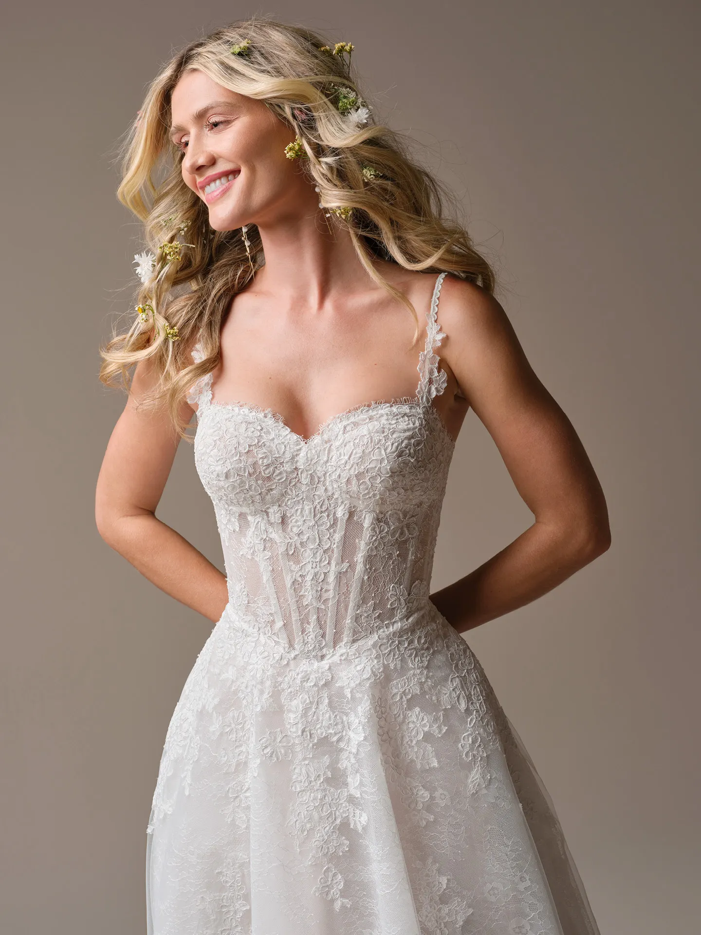 Rebecca Ingram Esmeralda front view lace A-line wedding dress with sweetheart neckline