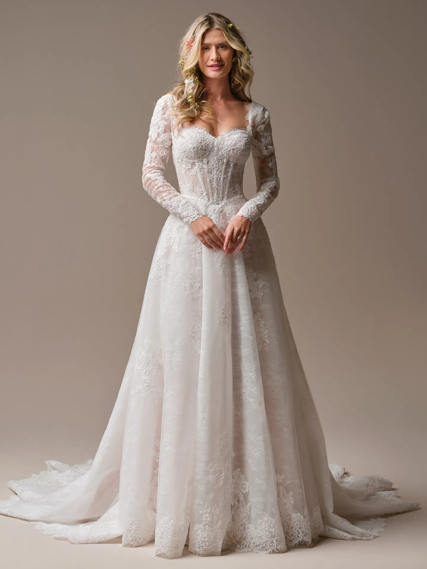 Rebecca Ingram Esmeralda front view lace A-line wedding dress with sweetheart neckline