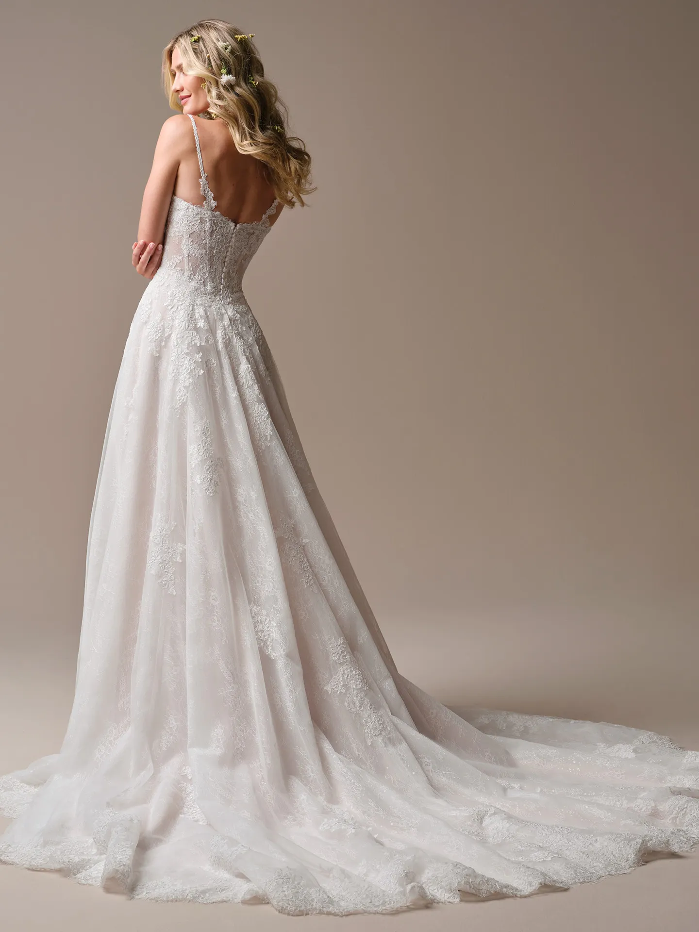 Rebecca Ingram Esmeralda lace A-line wedding dress back view