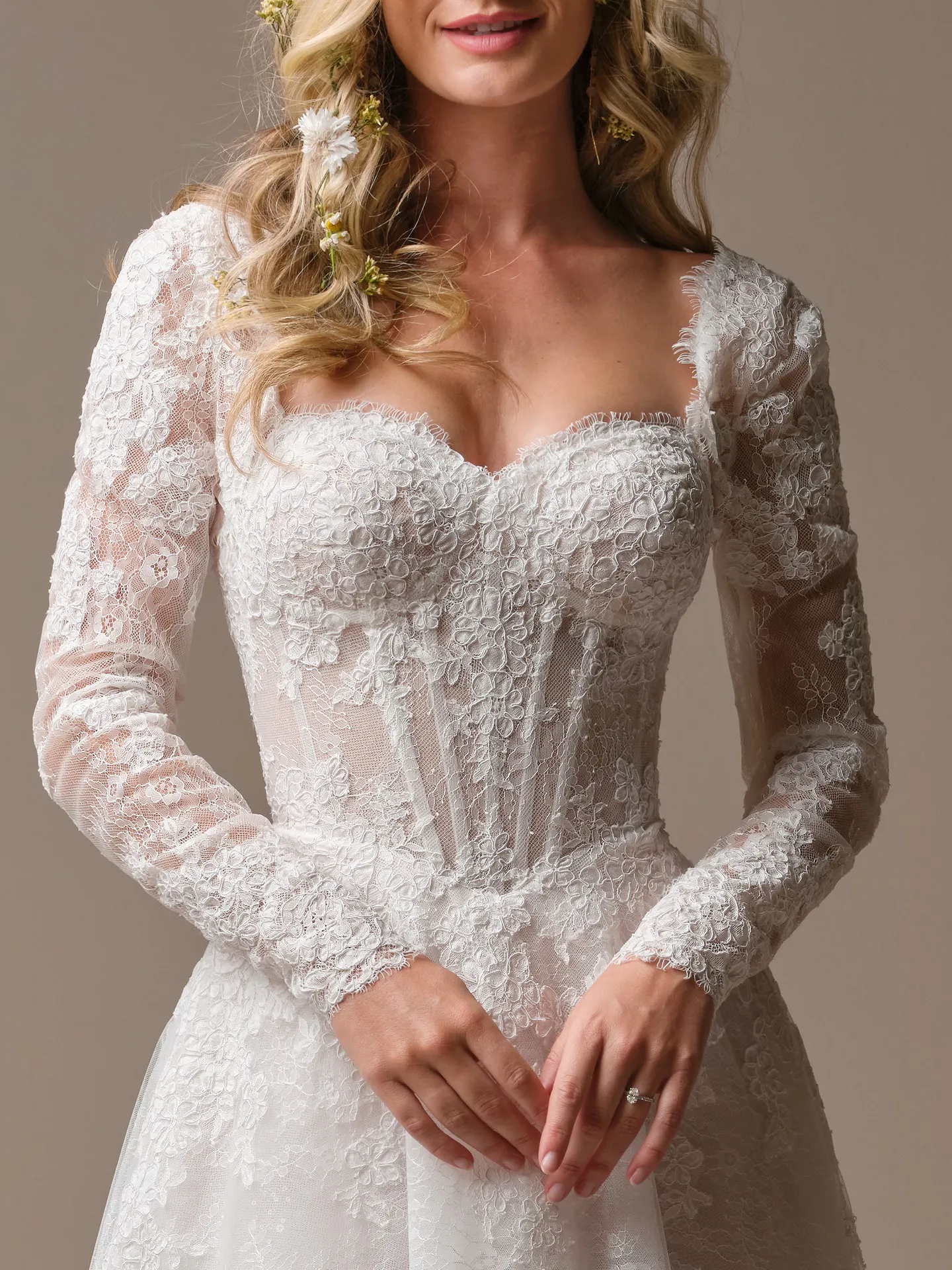 Rebecca Ingram Esmeralda front view, lace bodice with detachable Chantilly lace long sleeves