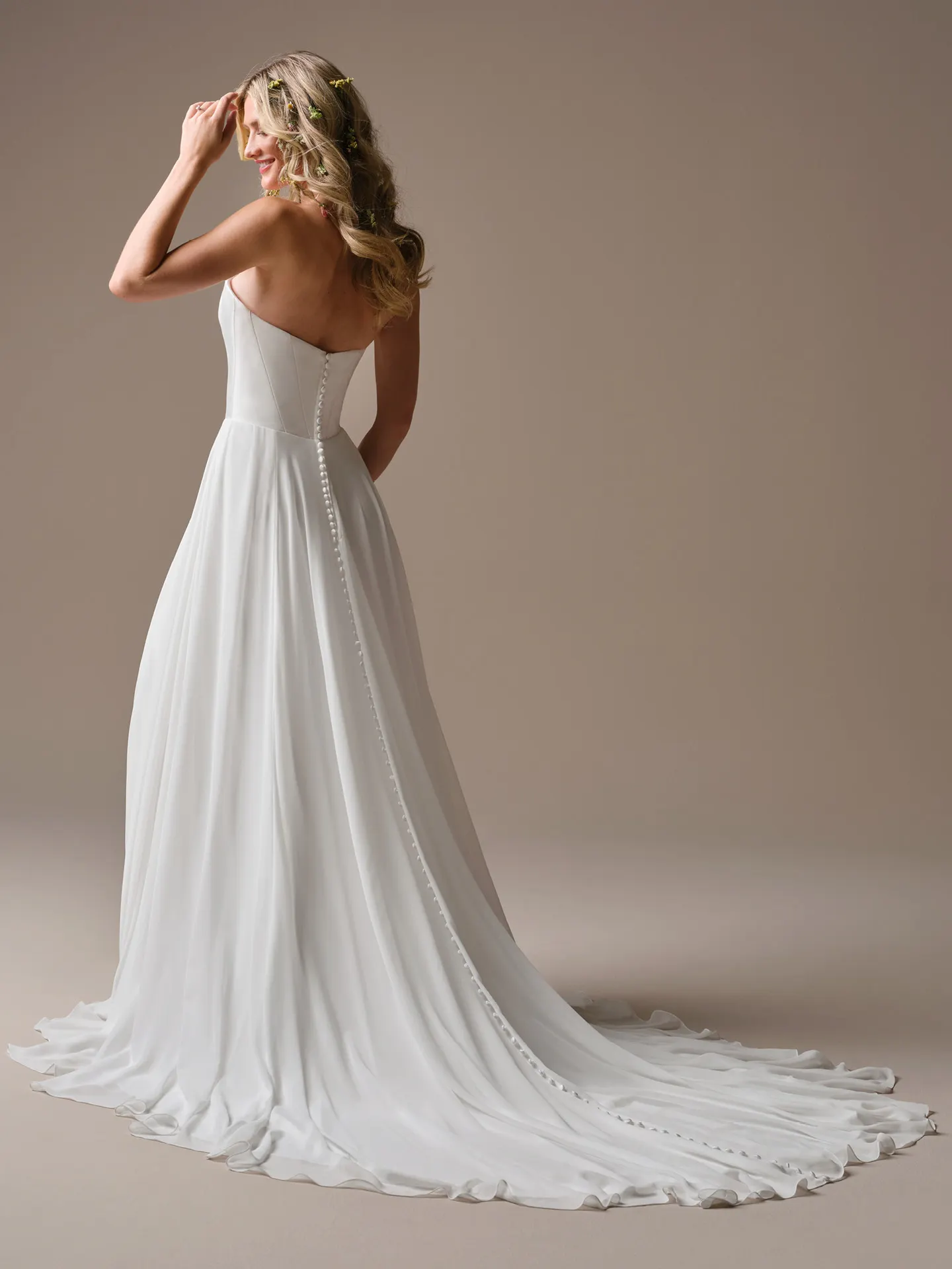 Rebecca Ingram Georgina back view A-line dress with long train and button detail