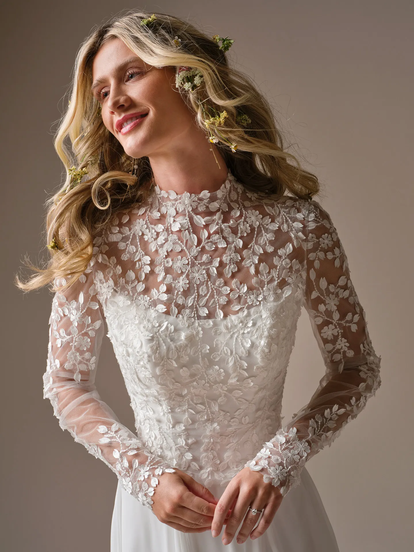 Rebecca Ingram Georgina front view, -D lace bridal jacket over wedding dress