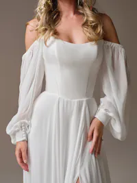 Georgina detachable off-the-shoulder Aurora chiffon balloon sleeves with covered button wrist closure