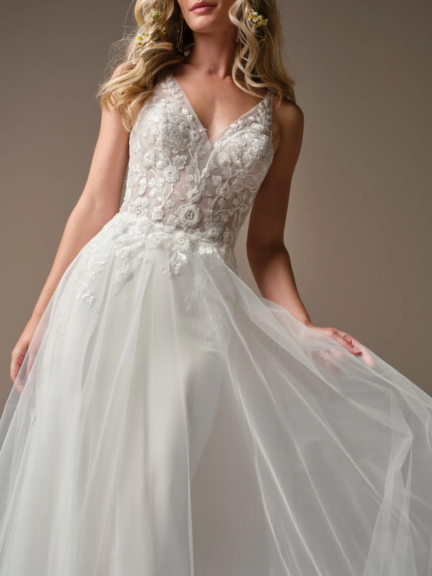Rebecca Ingram Holly front view lace deep v-neckline sheath wedding dress