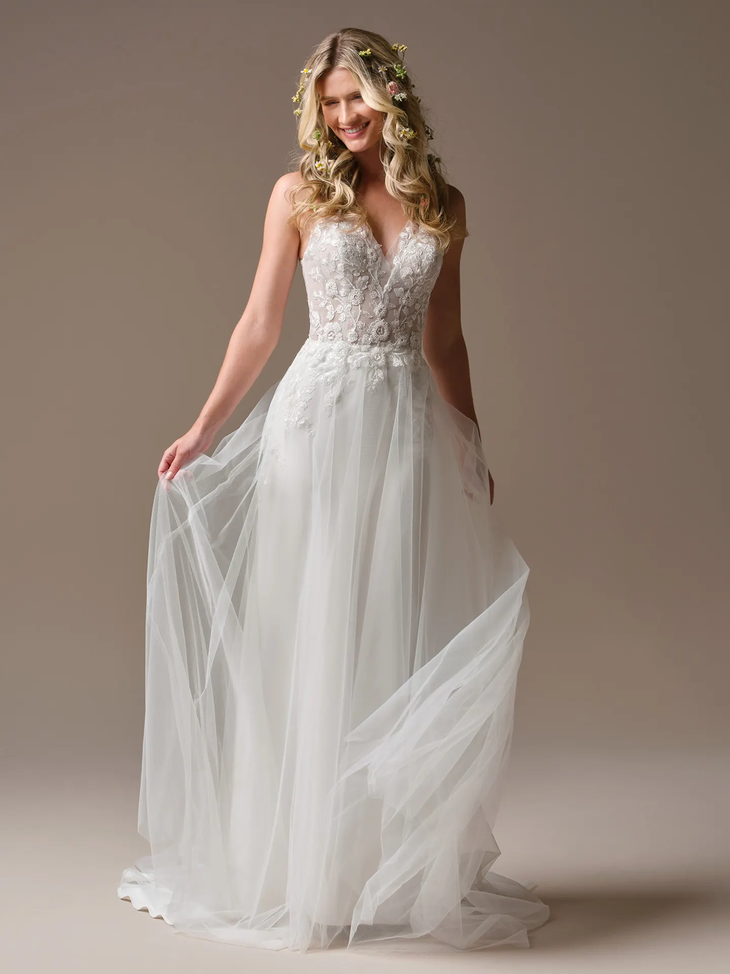 Rebecca Ingram Holly front view delicate lace V-neck sheath wedding dress
