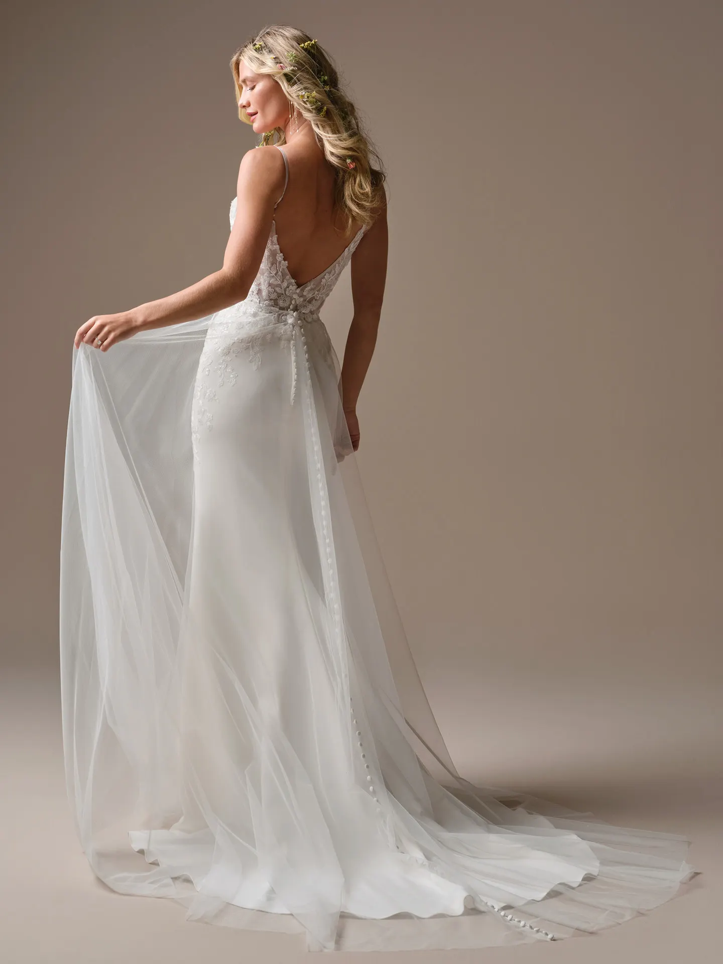 Rebecca Ingram Holly back view illusion lace deep V-neckline sheath wedding dress