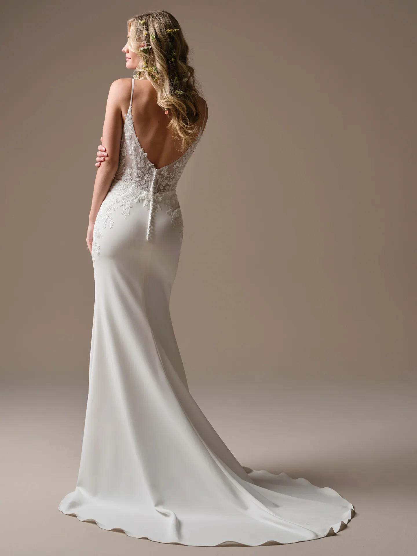 Rebecca Ingram Holly sheath dress back view with illusion lace and deep v-neckline