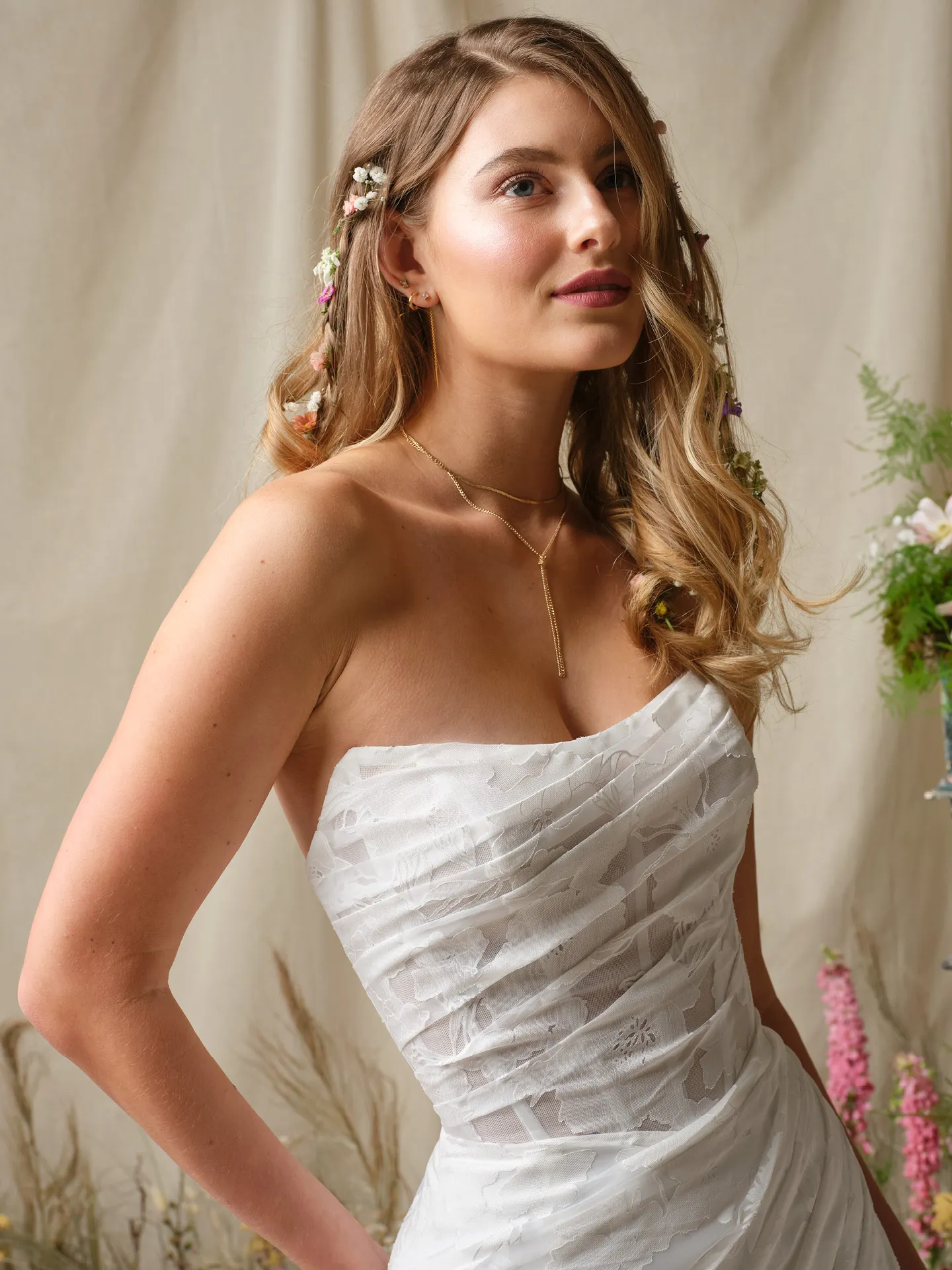 Rebecca Ingram Kendall front view structured strapless sheath wedding dress