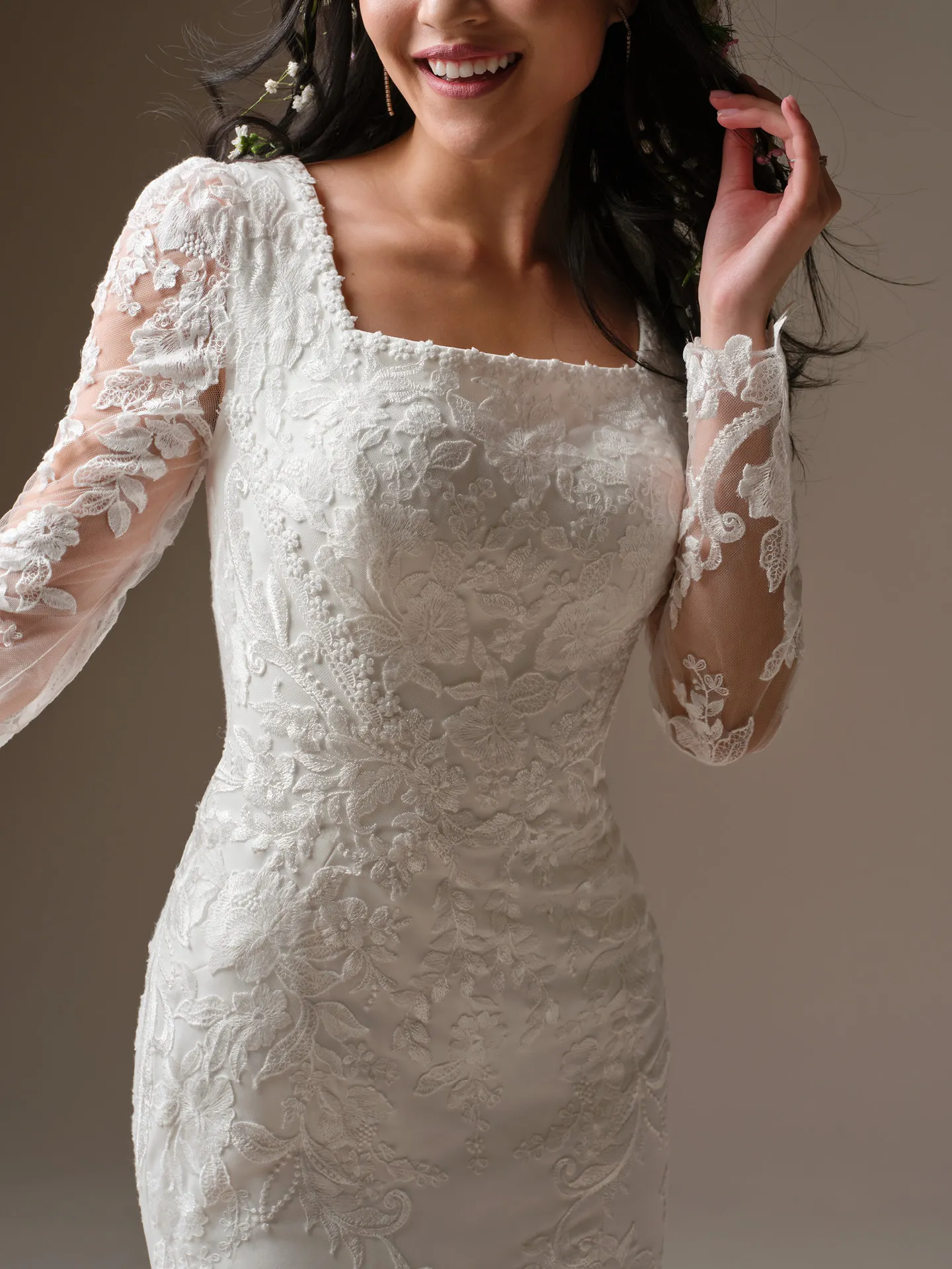 Rebecca Ingram Larissa Leigh front view square neckline lace sheath wedding dress