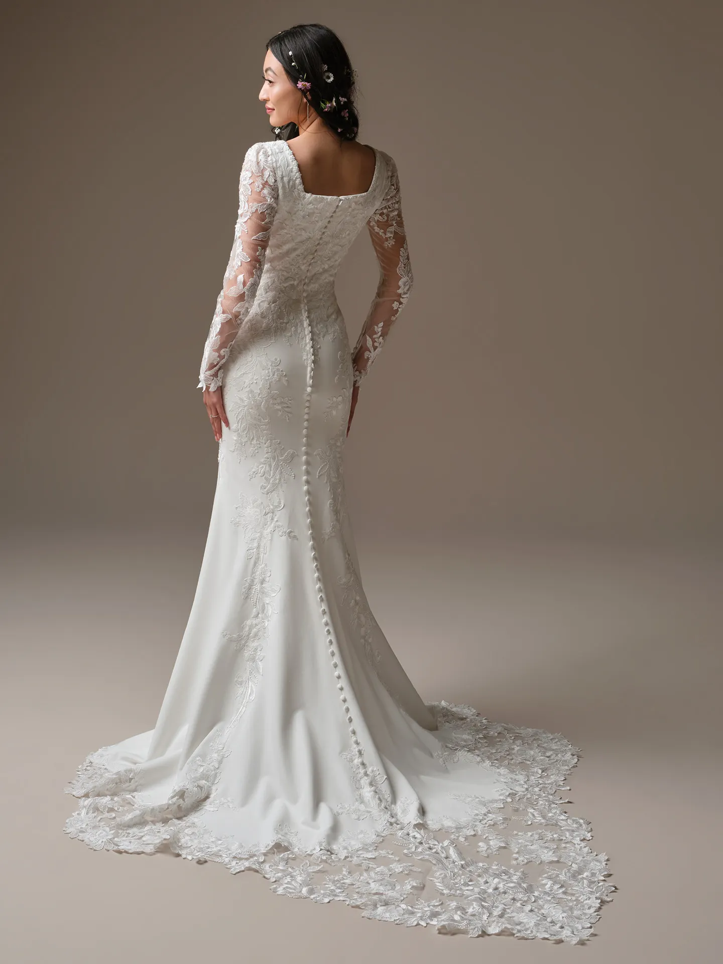 Rebecca Ingram Larissa Leigh back view, lace sheath dress with square neckline and long sleeves