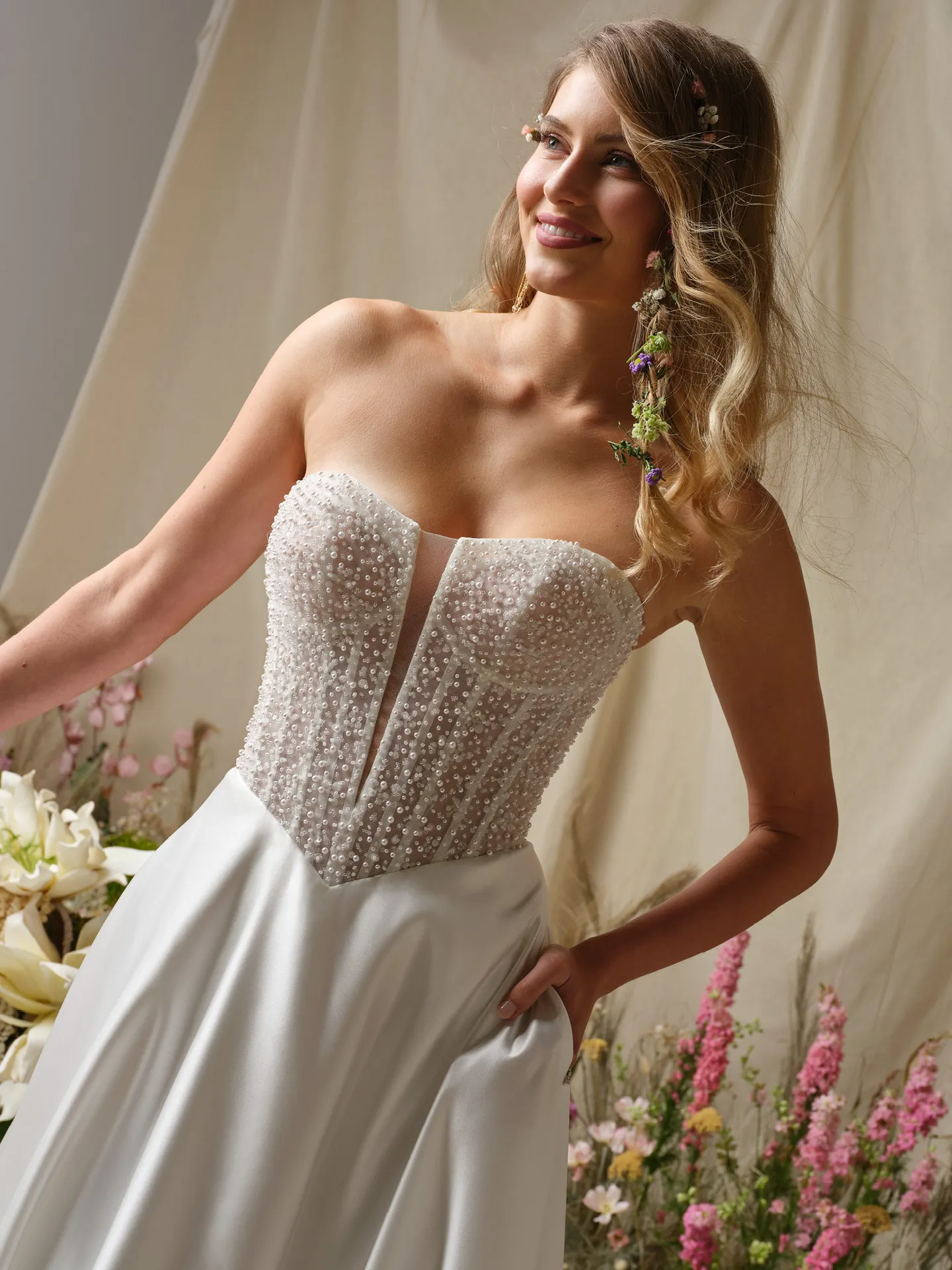 Rebecca Ingram Marty front view, pearl-accented sweetheart A-line dress