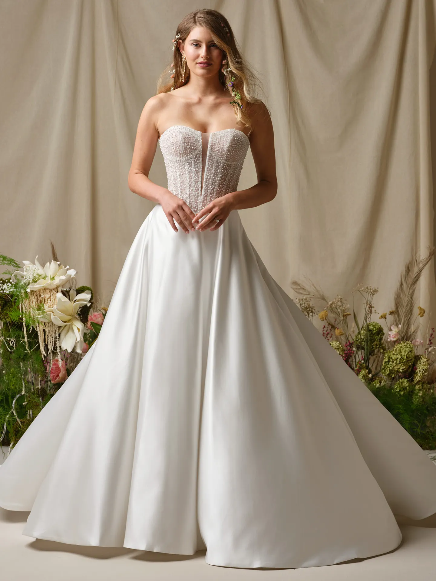 Rebecca Ingram Marty front view pearl-accented sweetheart A-line wedding dress