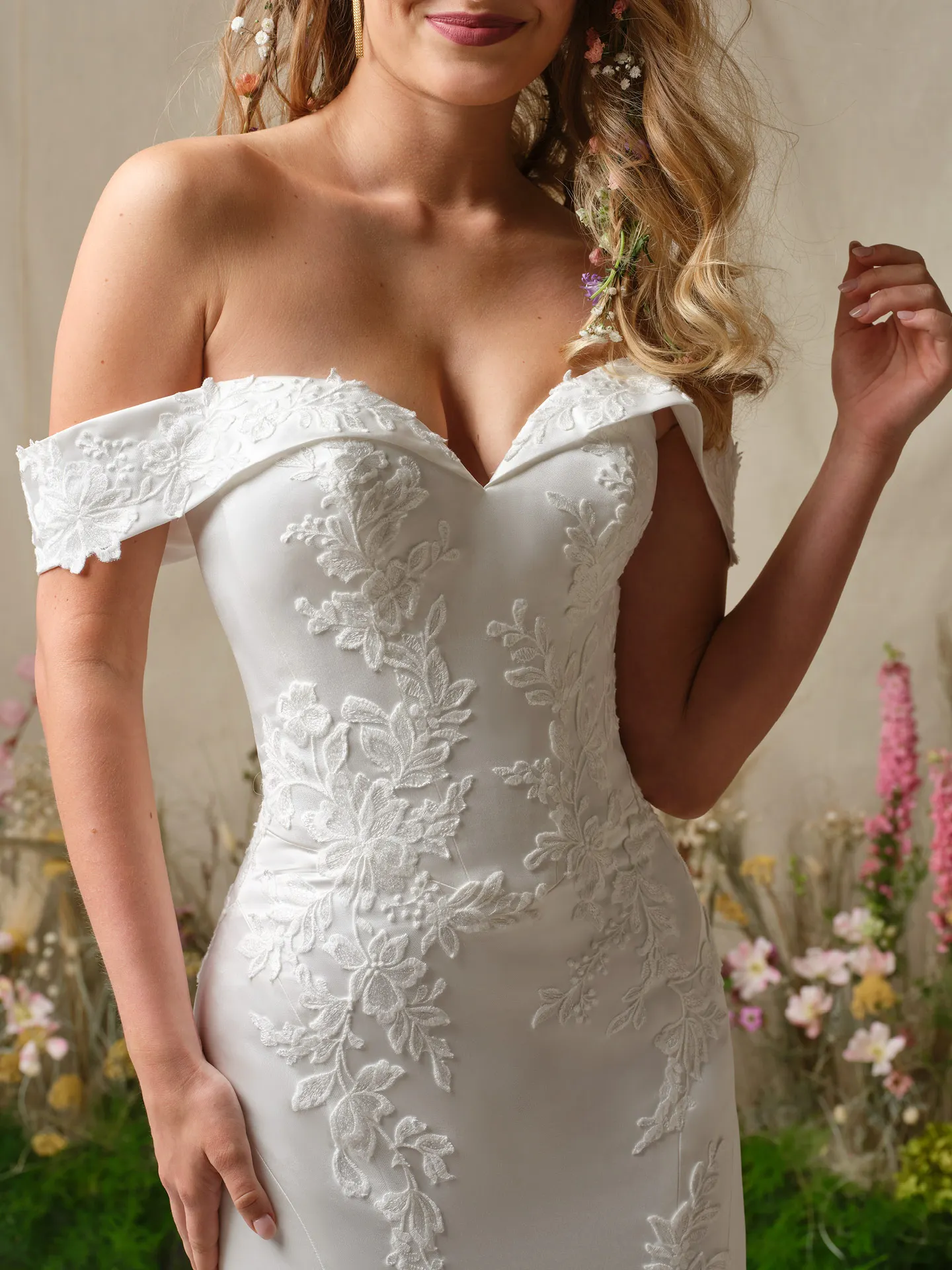 Rebecca Ingram Miley front view, off-the-shoulder lace fit-and-flare wedding dress