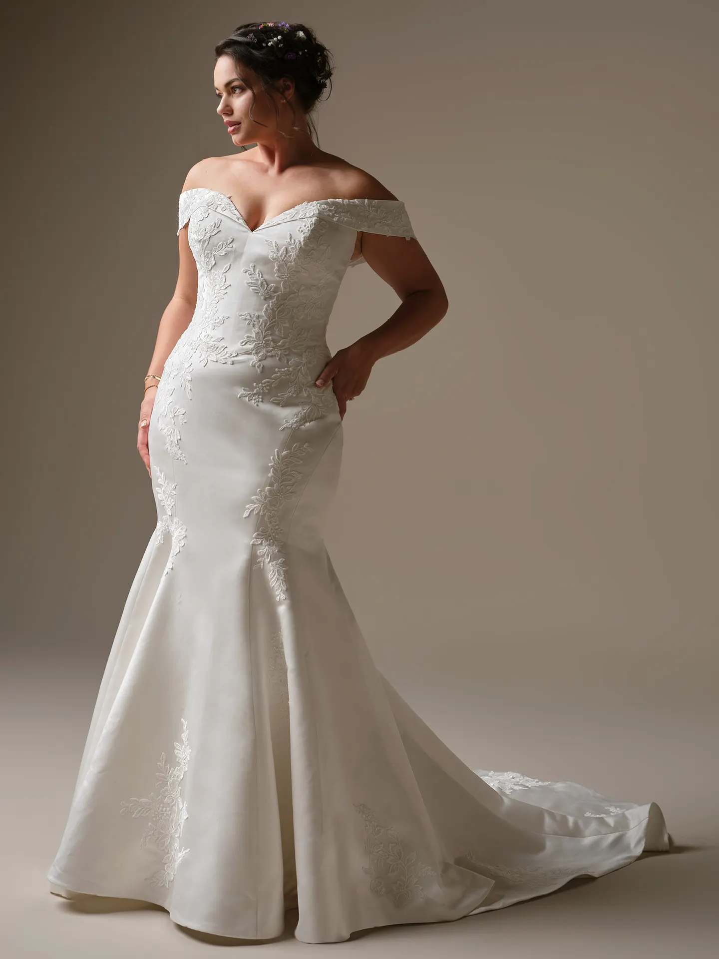Rebecca Ingram Miley off-the-shoulder sequin lace fit-and-flare wedding dress front view