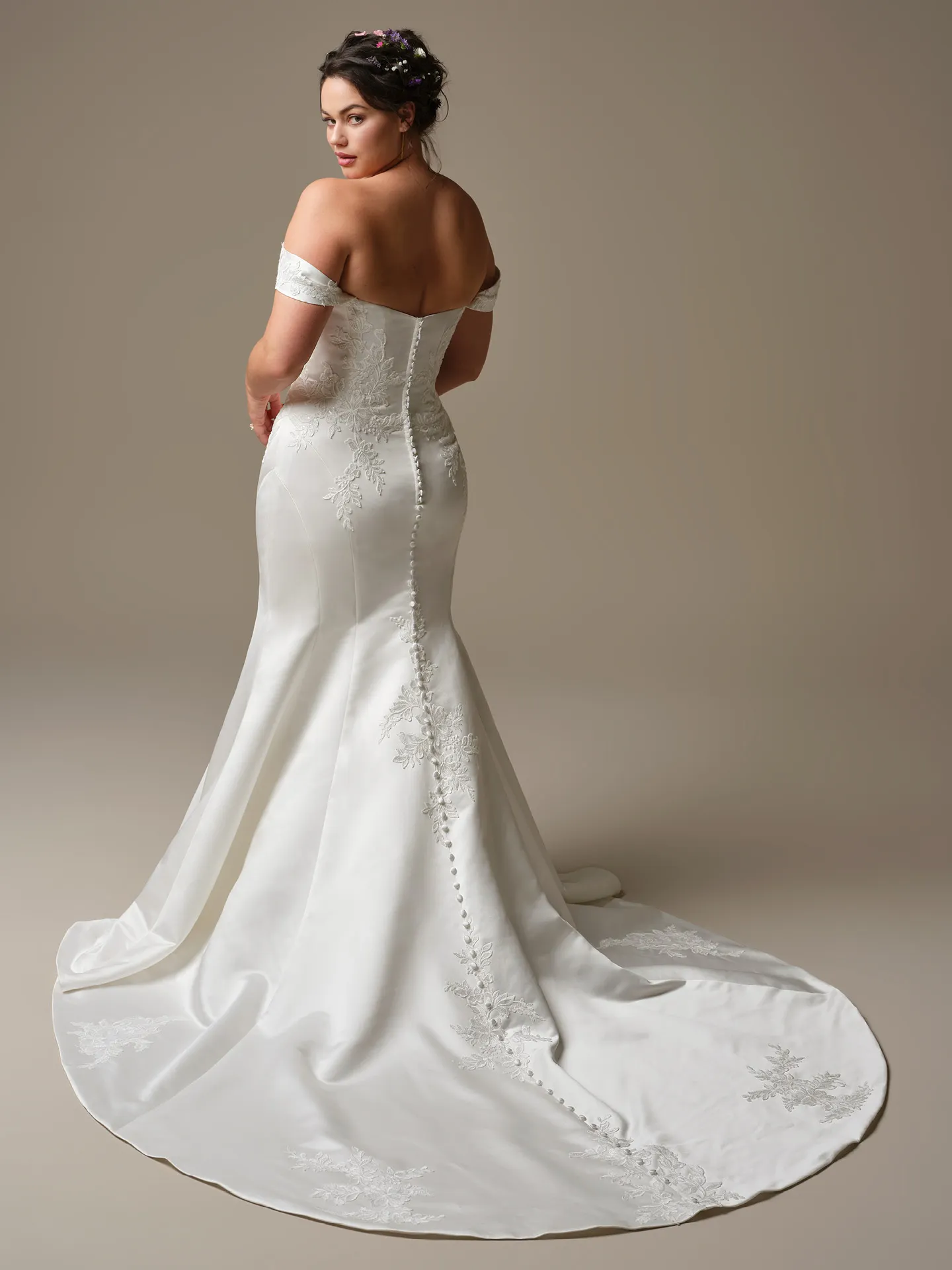 Rebecca Ingram Miley back view fit-and-flare off-the-shoulder sequined lace wedding dress