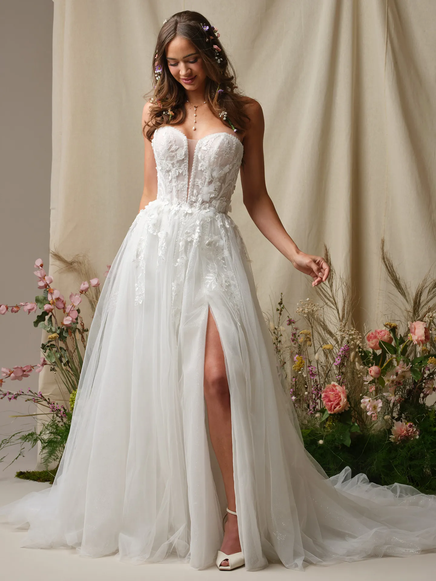 Nora 3-D Lace Plunge Side Slit A-Line Wedding Dress | Rebecca